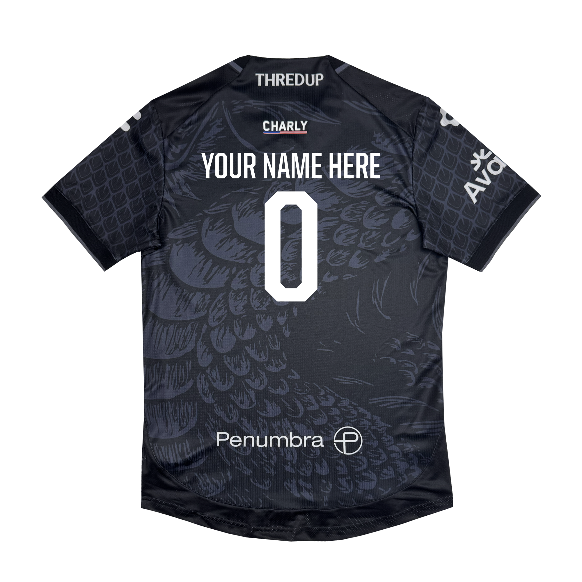 The Custom Unisex Oak-ness Awakens Kit by Oakland Roots SC is a black athletic jersey with scale patterns inspired by Oakland folklore and the mythical Oak-ness Monster, “YOUR NAME HERE,” a large white 0, and sponsor logos: Penumbra, CHARY, THREDUP, and AVO.