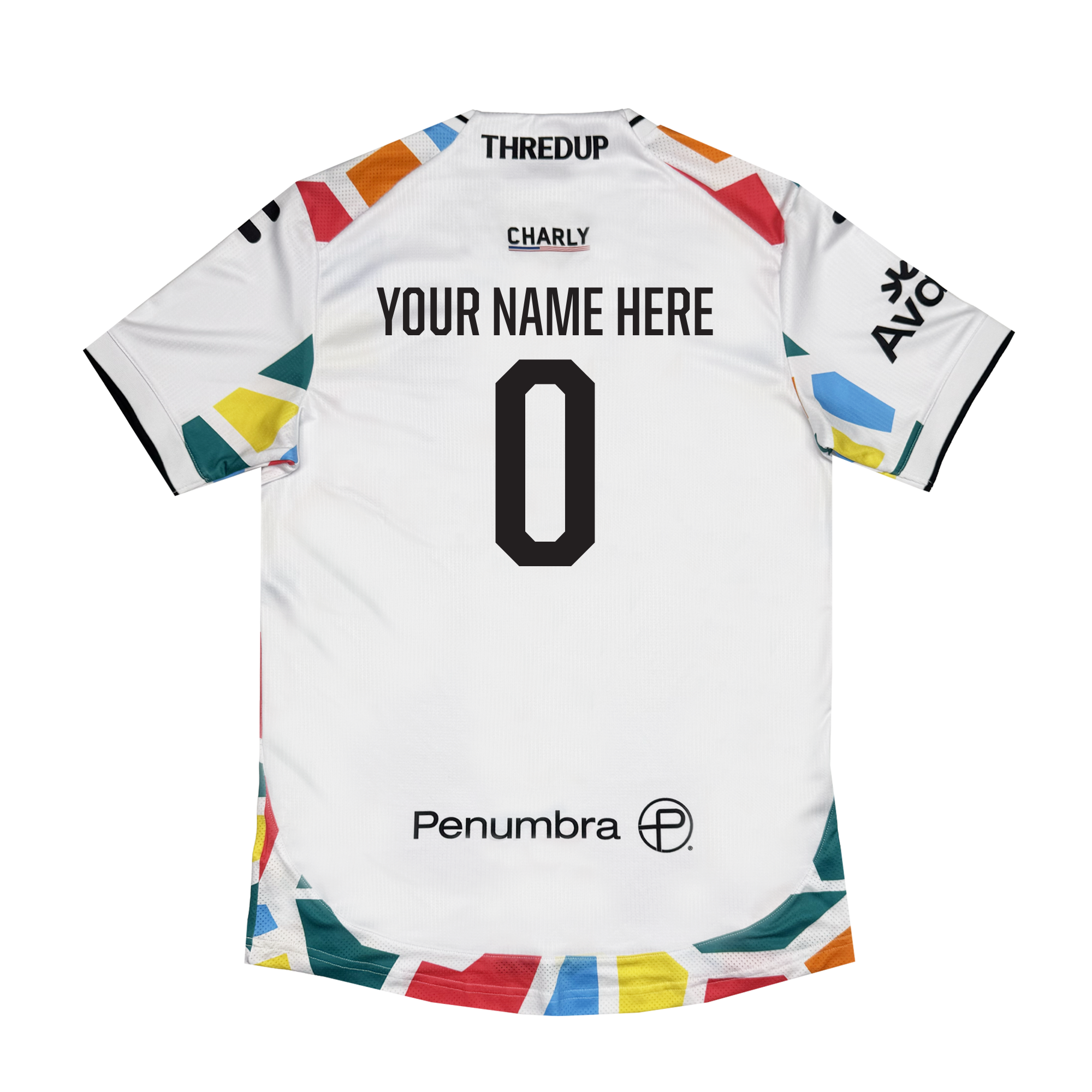 Back view of the Custom Unisex Mosaic in Motion Kit by Oakland Roots SC, featuring colorful geometric shapes on sleeves and hem, "YOUR NAME HERE" and 0 in bold black, plus sponsor logos (THREDUP, CHARLY, AVA, Penumbra) in black.
