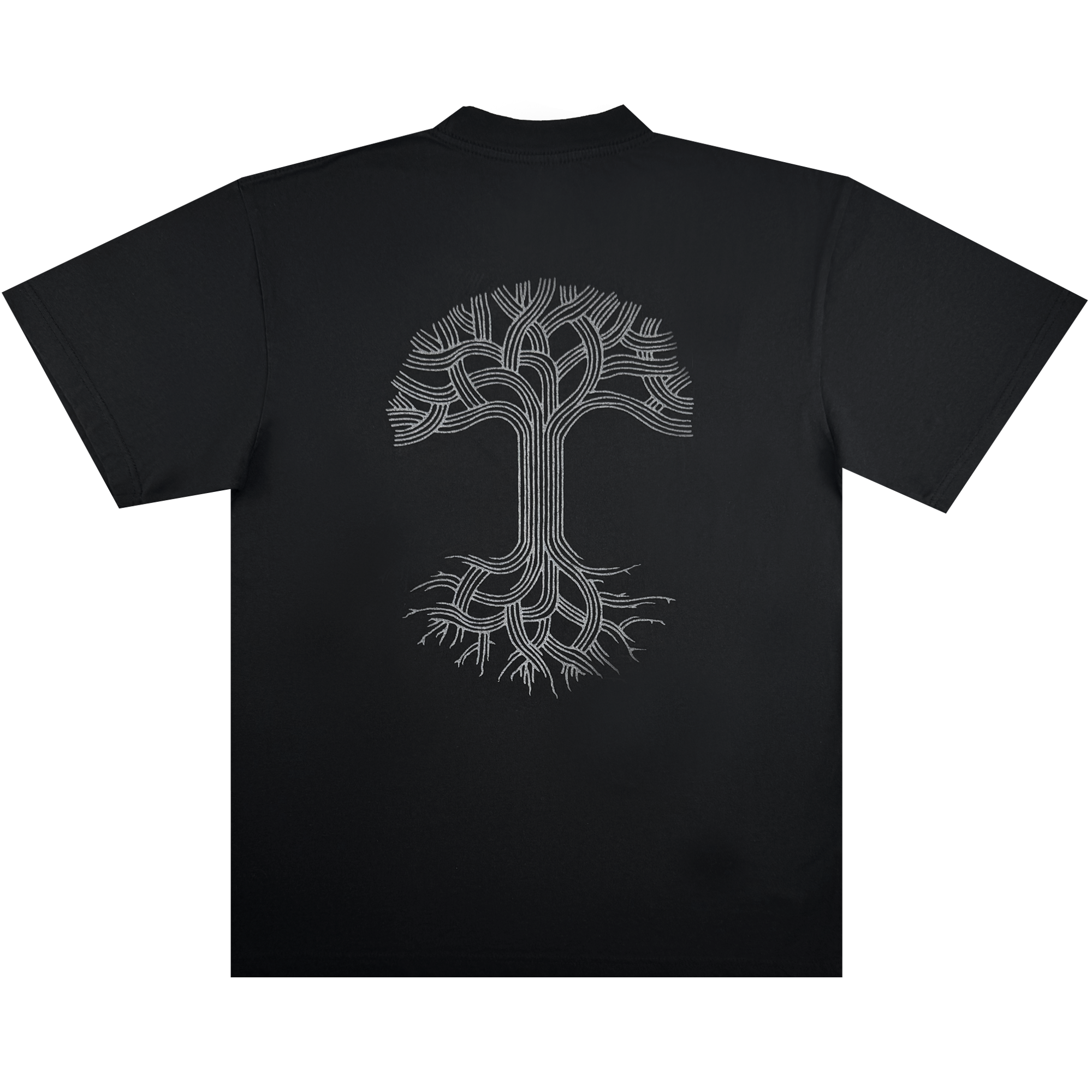 The Oakland Roots SC X Oaklandish Bootleg Tee by Oaklandish is a black t-shirt with a white, stylized tree design on the back—symmetrical branches and roots form a circular pattern that nods to Oakland Roots.
