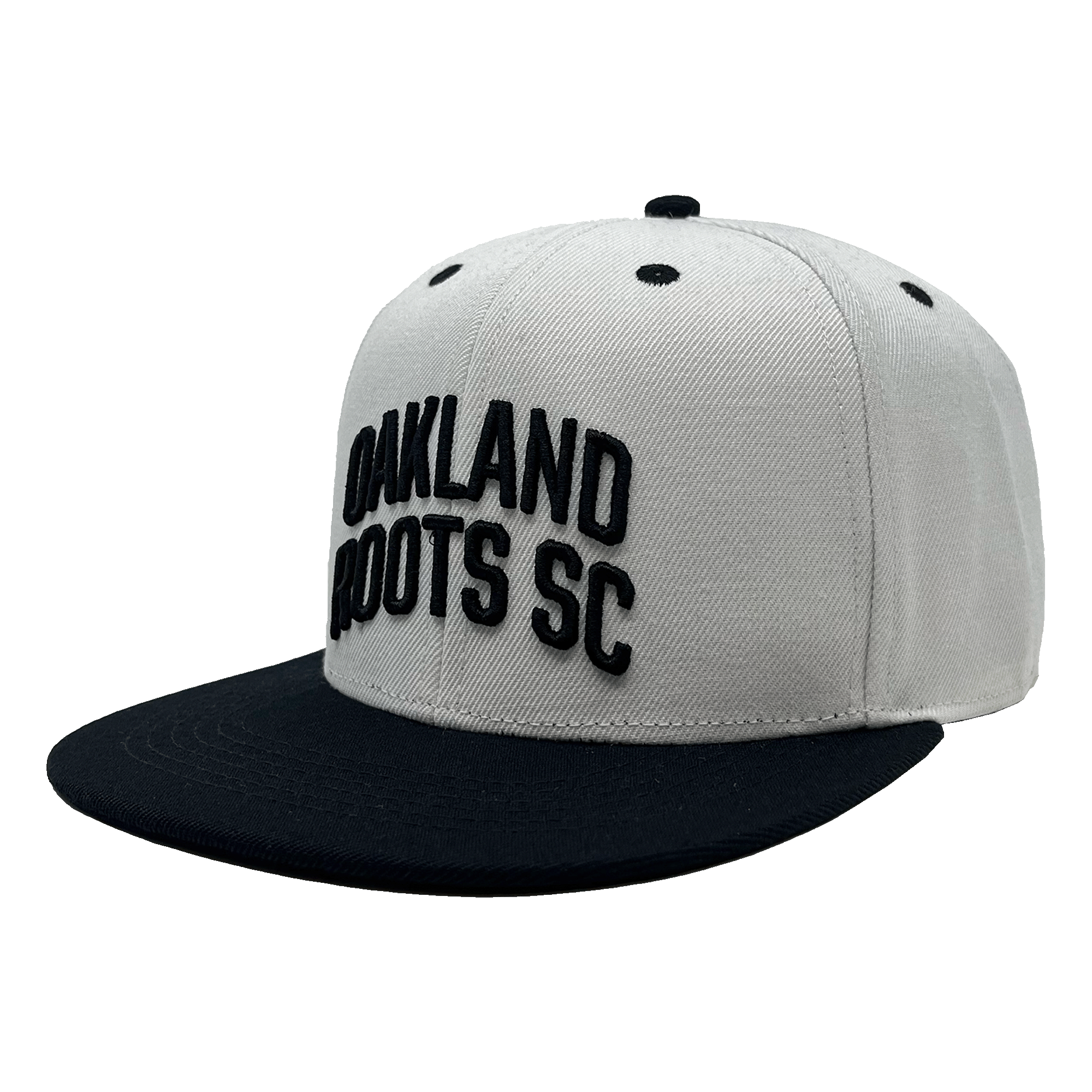 The Oakland Roots SC Arched Text Snapback by Oakland Roots SC features a white crown complemented by a black flat brim and matching black ventilation eyelets. The front is adorned with raised embroidery of the text "OAKLAND ROOTS SC," exuding a sleek, minimalistic design that perfectly captures the sporty essence of the Oaklandish style.