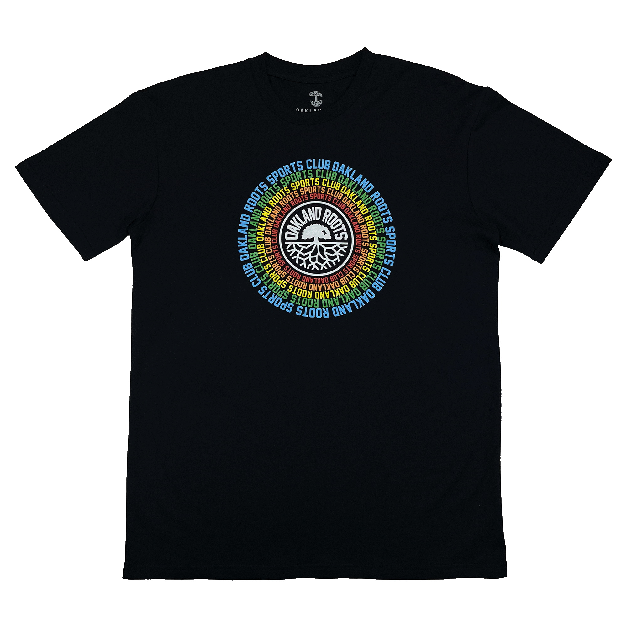 Black t-shirt with Oakland Roots logo and wordmark surrounded by Oakland Roots Sports Club wordmark on repeat in a rainbow circle.
