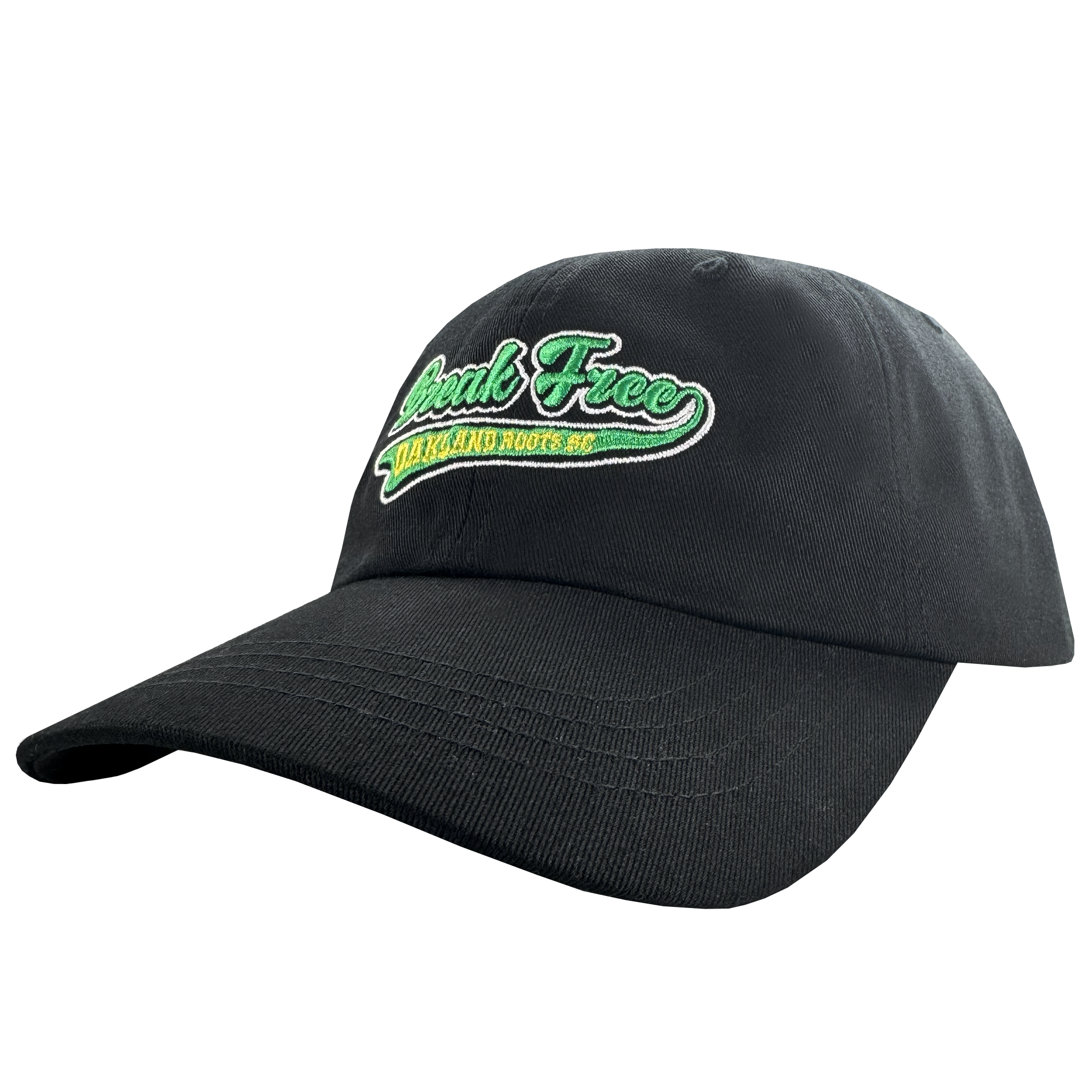 The Oakland Roots SC X Break Free Hat by Oakland Roots SC features "Speak Free" in green and white embroidery, yellow "Oakland Roots" text beneath, and a curved brim. Shown angled on a plain white background.