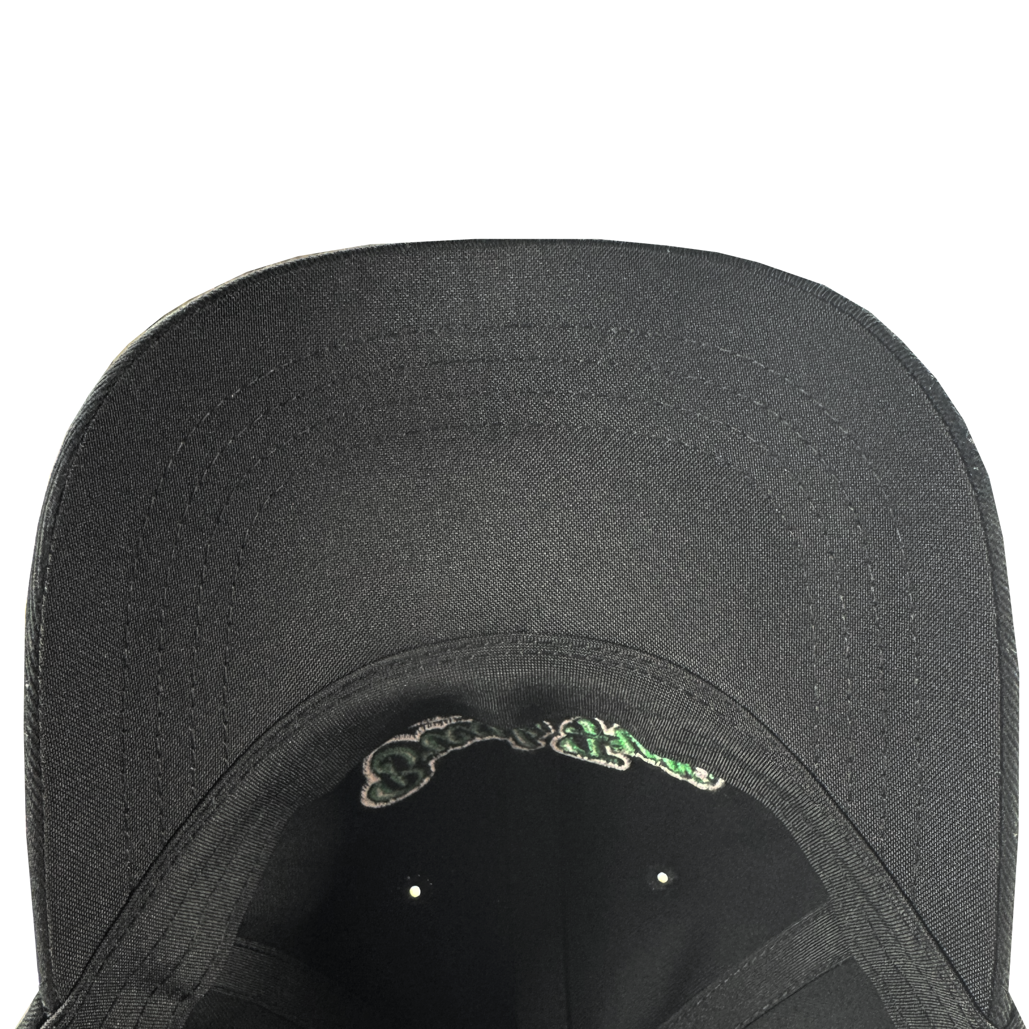 A close-up, top-down view of the underside of the black Oakland Roots SC X Break Free Hat by Oakland Roots SC, highlighting the curved brim’s stitching and a touch of green and white embroidery near the headband.