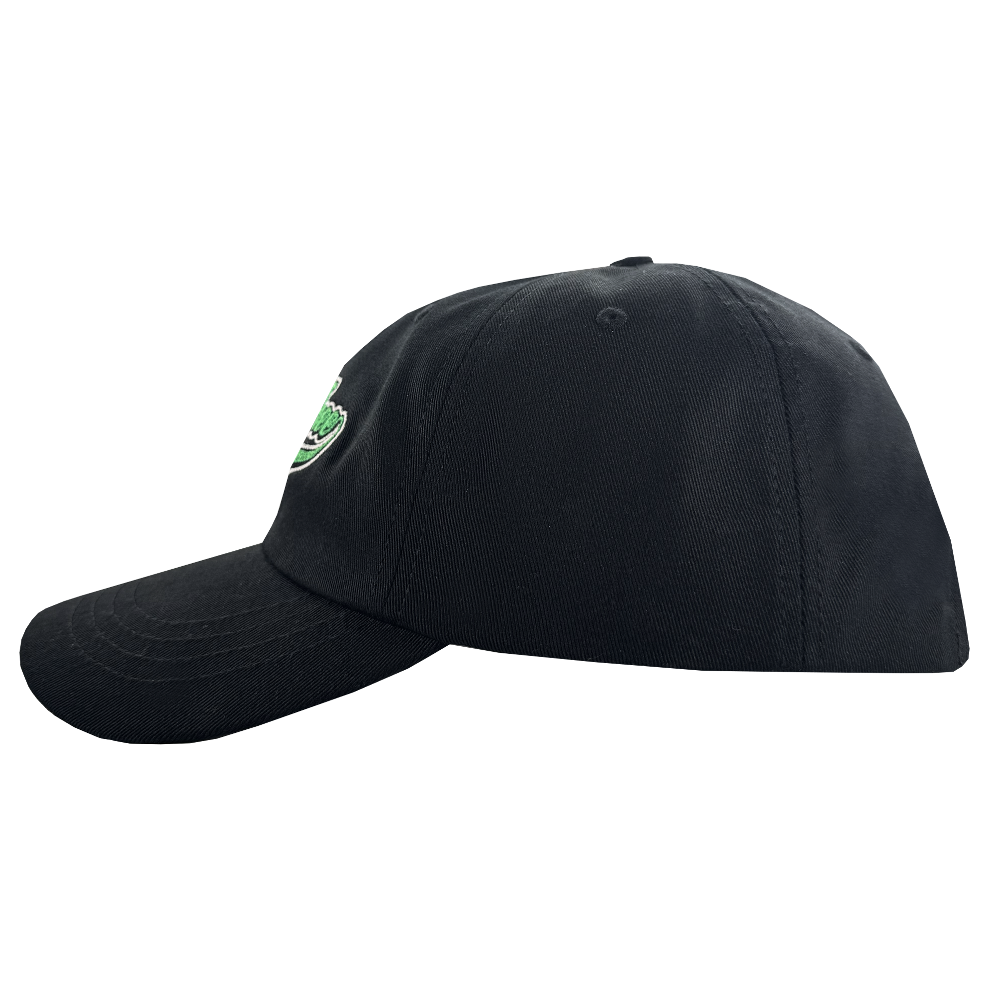 The Oakland Roots SC X Break Free Hat by Oakland Roots SC is shown in profile, facing left. The black cap has a curved brim, visible stitching, and a small green and white embroidered logo on the front. Background is light gray.