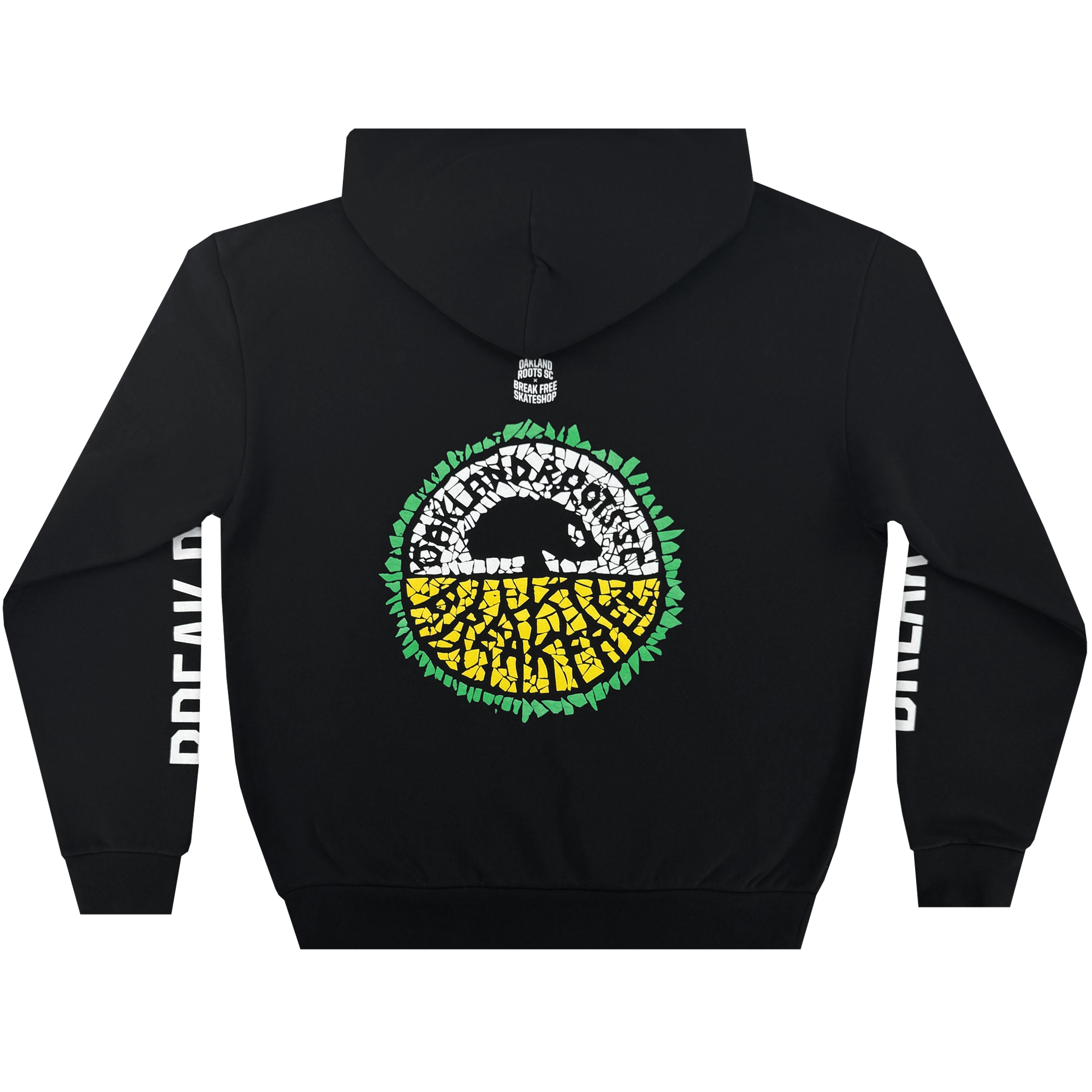 The Oakland Roots SC X Break Free Hoodie by Oakland Roots SC is a black men's pullover with a large circular mosaic sunset on the back in green, yellow, white, and black. "DREAMY" is boldly printed down both sleeves for a standout look.