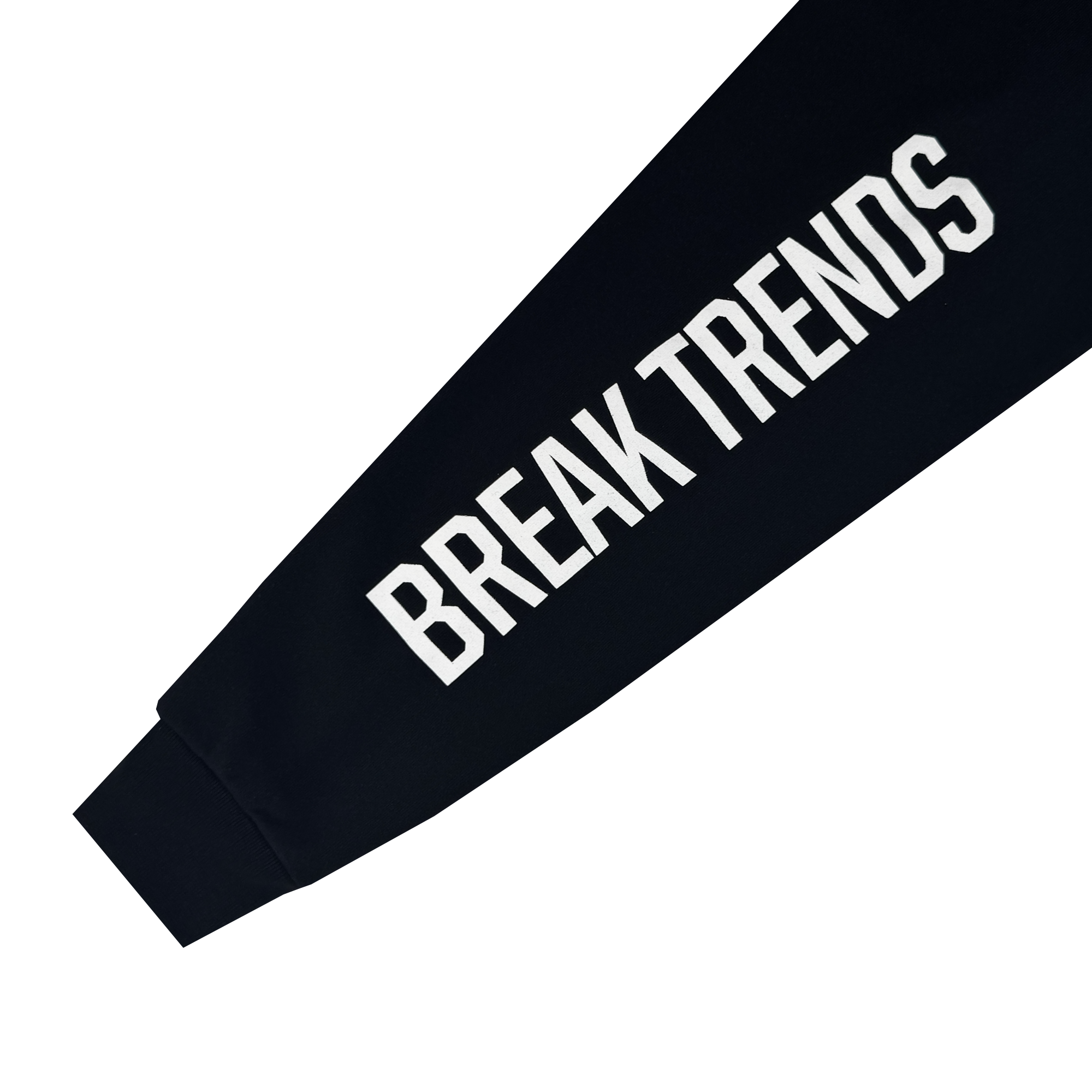 A close-up of the Oakland Roots SC X Break Free Hoodie sleeve shows "BREAK TRENDS" in bold white letters on black fabric, against a plain white background.