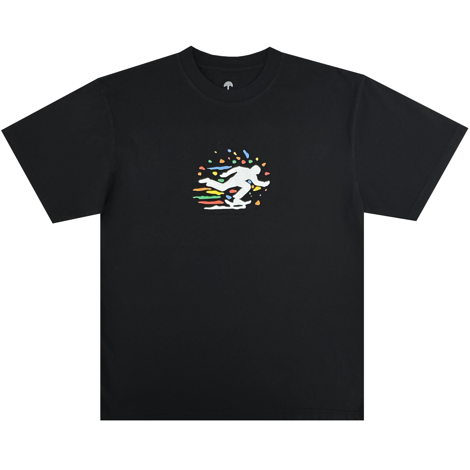 The Oakland Roots SC X Break Free Tee is a classic fit black t-shirt featuring a central white skateboarder silhouette with vibrant streaks, reflecting Oakland culture and creativity. The plain background ensures a bold, standout look.