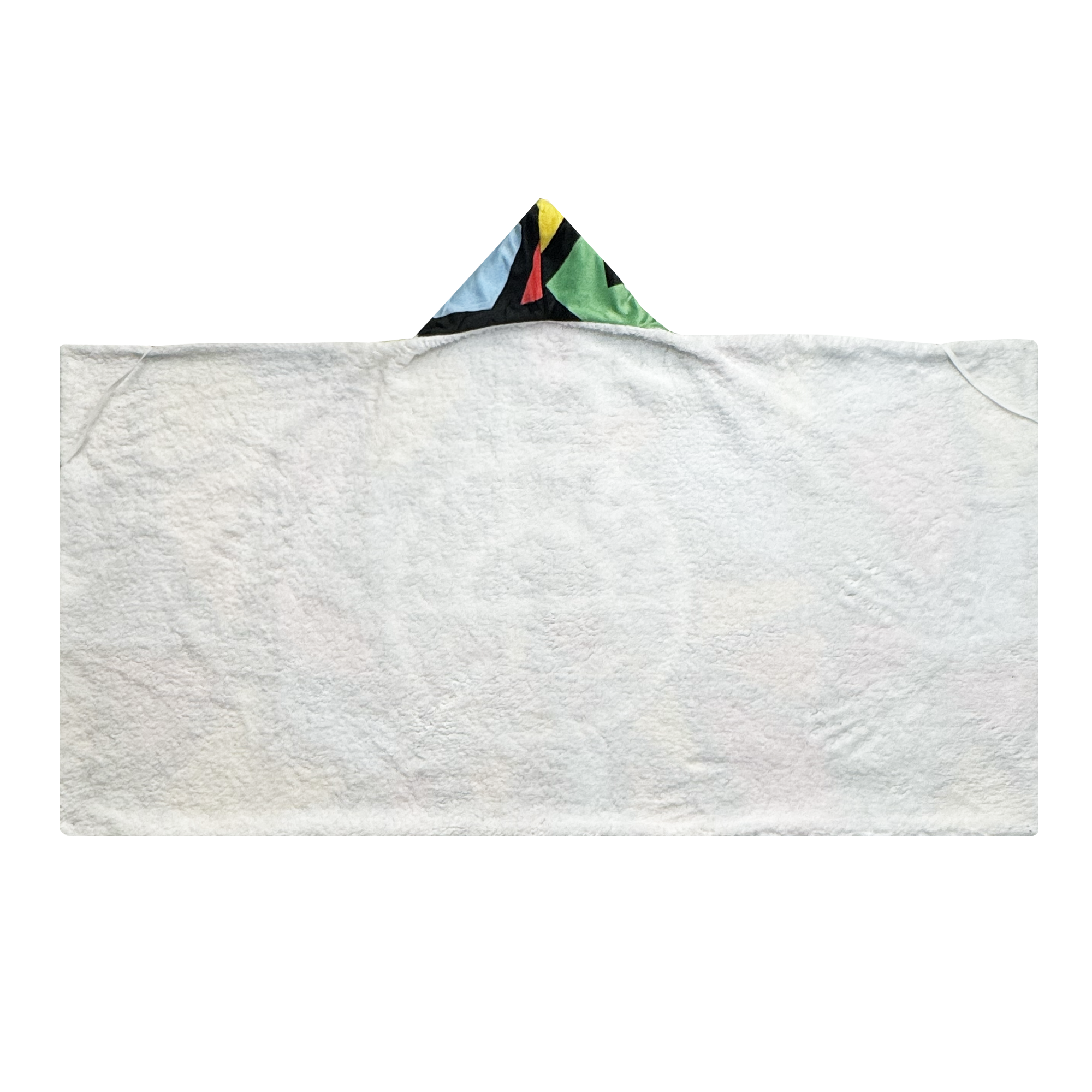 The Oakland Roots SC Sherpa Blanket by Oakland Roots SC features a rectangular white design with a multicolored pointed hood, showcasing yellow, blue, red, black, and green patchwork on soft Sherpa fleece.