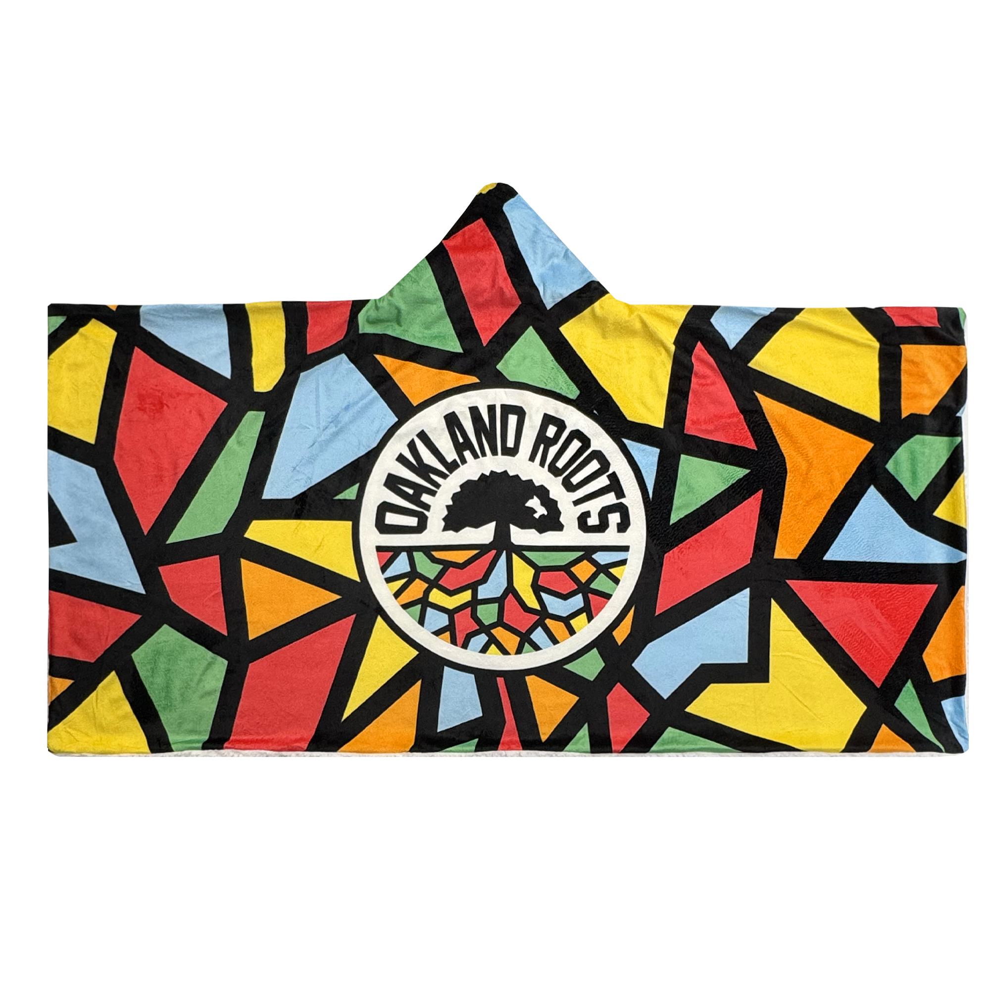 The Oakland Roots SC Sherpa Blanket features a bold stained-glass pattern in vibrant colors, with a black tree inside a white circle above “Oakland Roots” and multicolored roots—perfect for any Oakland Roots SC fan.