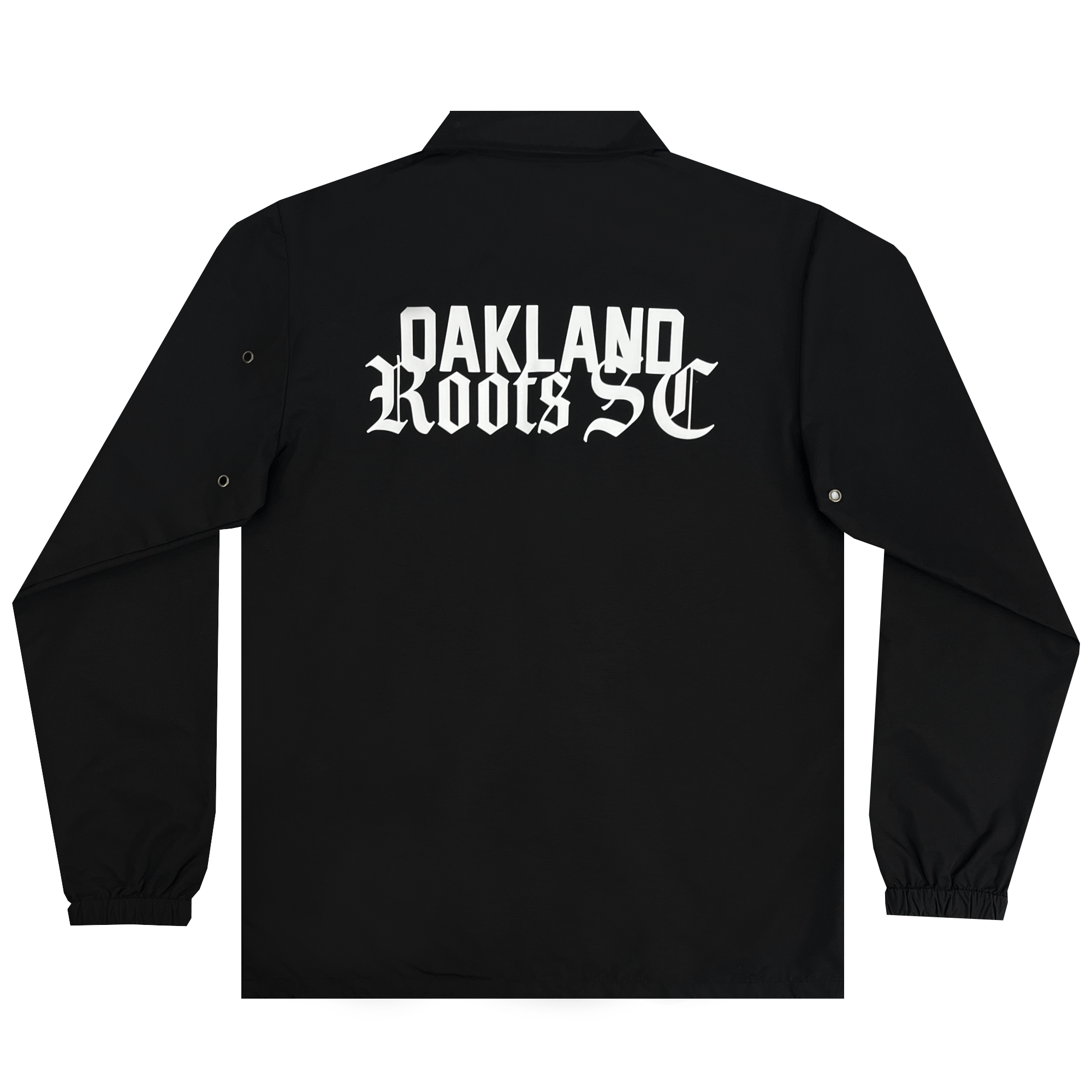 The Oakland Roots SC Coaches Jacket by Oakland Roots SC is a black, premium coach's jacket showcasing the words "OAKLAND ROOTS SC" in white, gothic-style lettering on the back. This water-resistant jacket features long sleeves with buttoned cuffs and a straight hem, making it perfect for fans of the Oakland Roots Sports Club.