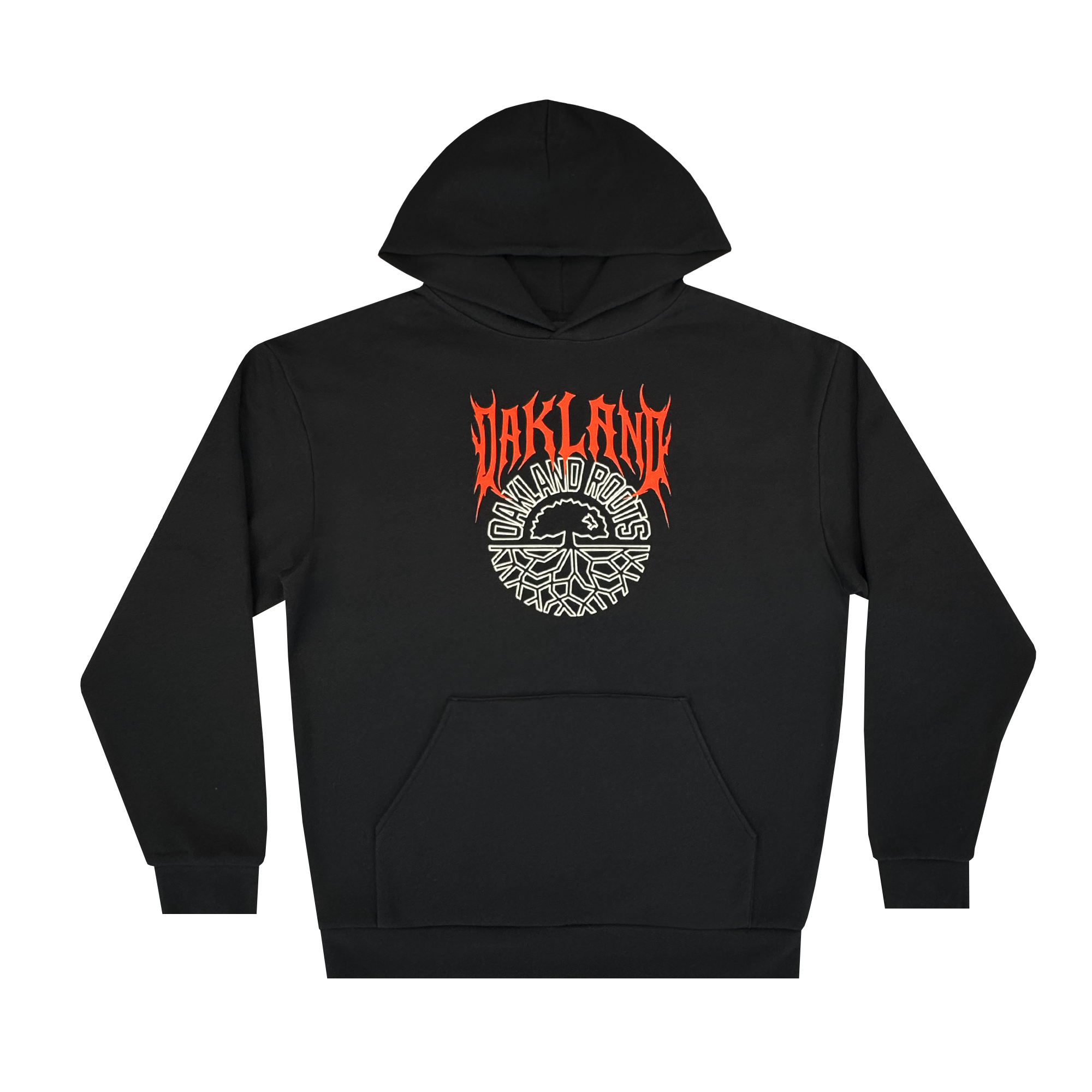 The Oakland Roots SC Forge Hoodie by Oakland Roots SC is a black hoodie with a front pocket, featuring bold red “OAKLAND” spiky text above a flame-like circular graphic reading “OAKLAND ROOTS”—a stylish nod to team pride.