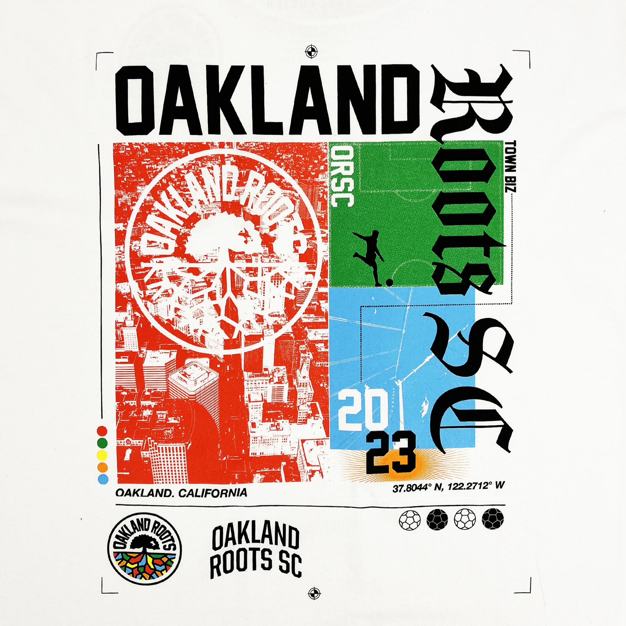 The Oakland Roots SC Futbol Town Tee features a graphic that prominently displays the team's unique circular logo with intricate tree roots and "Oakland Roots" text. The design incorporates "Oakland Roots SC" in a blackletter font, along with vibrant colored blocks depicting player silhouettes and field elements. It also includes the text "2023" and the coordinates "37.8044° N, 122.2712° W," encapsulating the spirit of Oakland Roots SC.