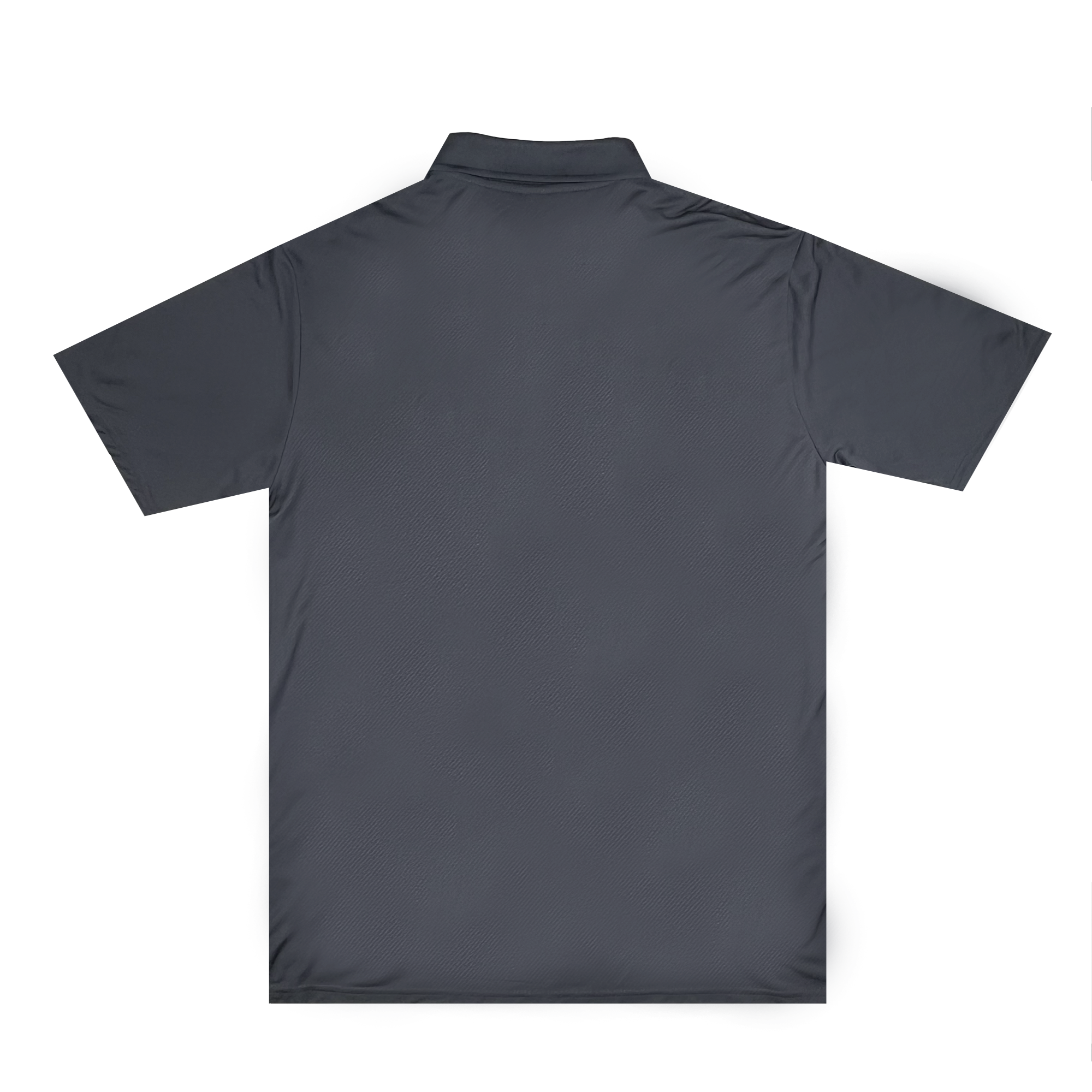Back view of a dark grey short-sleeved Heritage Polo. The Oakland Roots SC Polo Tee is laid flat on a white background, showcasing its simple and plain design without any visible logos, patterns, or embellishments. It features a traditional collar and a standard fit.