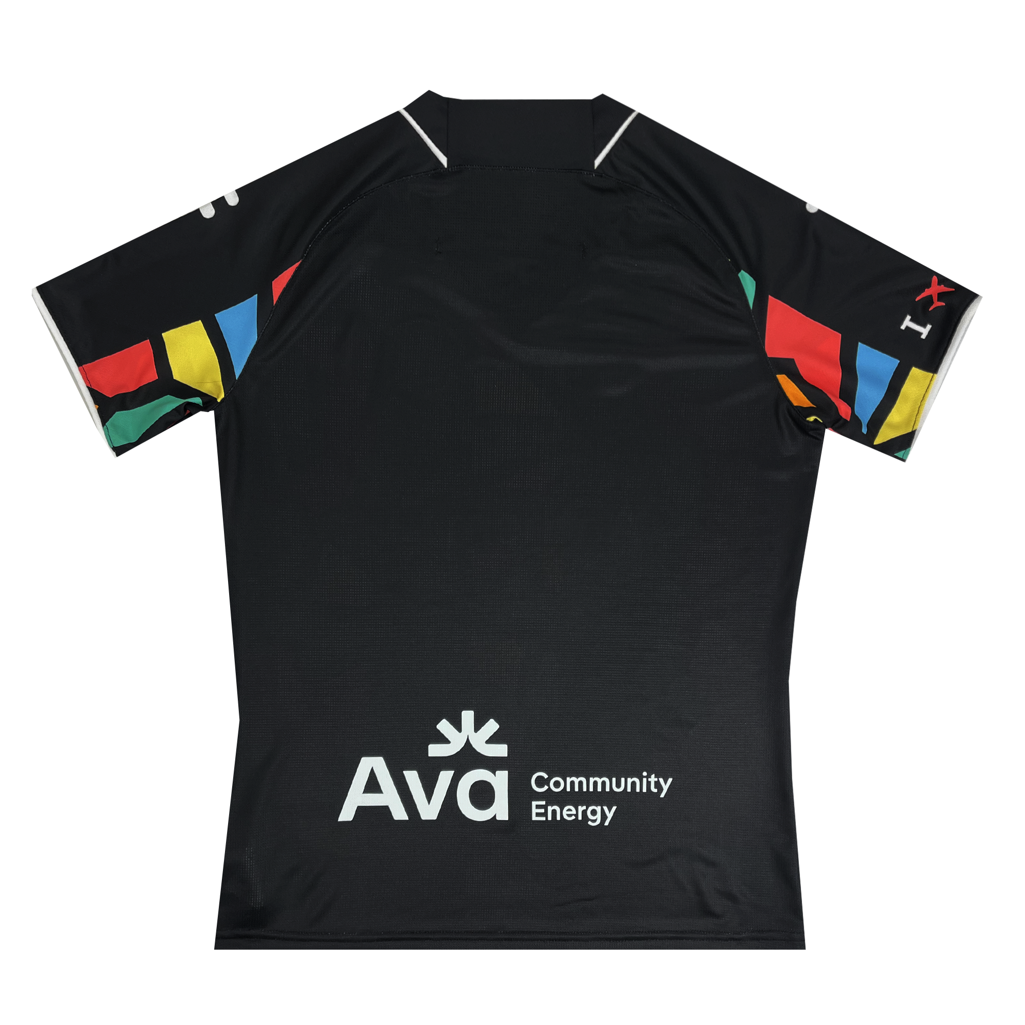 Back view of women's black Oakland Soul SC Home jersey with Multicolor details and Ava Community Energy logo.