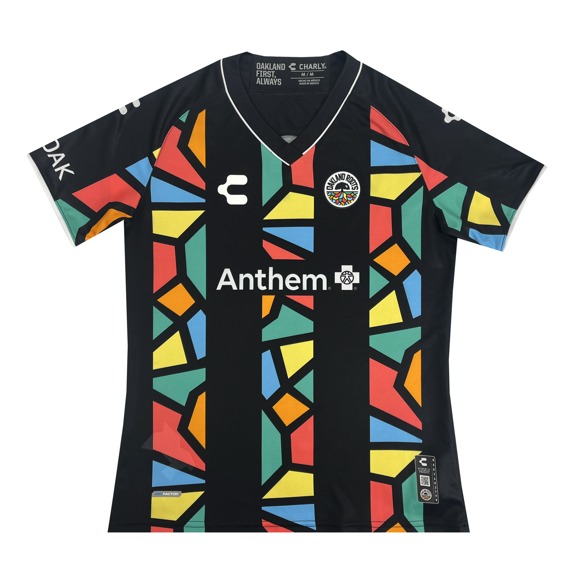 Front view of women's black Oakland Soul SC Home jersey with Multicolor details.