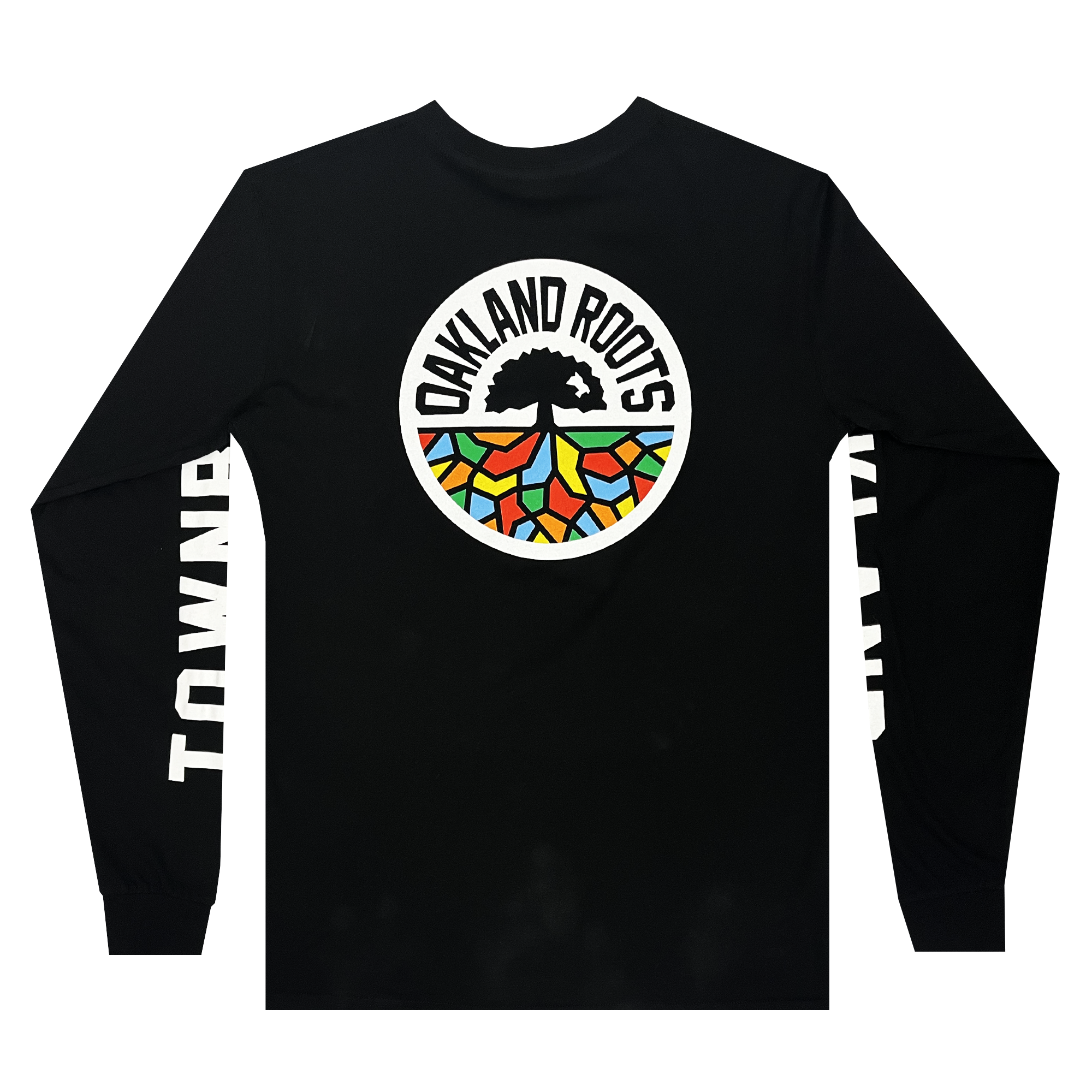 Back view of black long-sleeve shirt with a large round multi-color Oakland Roots SC logo.
