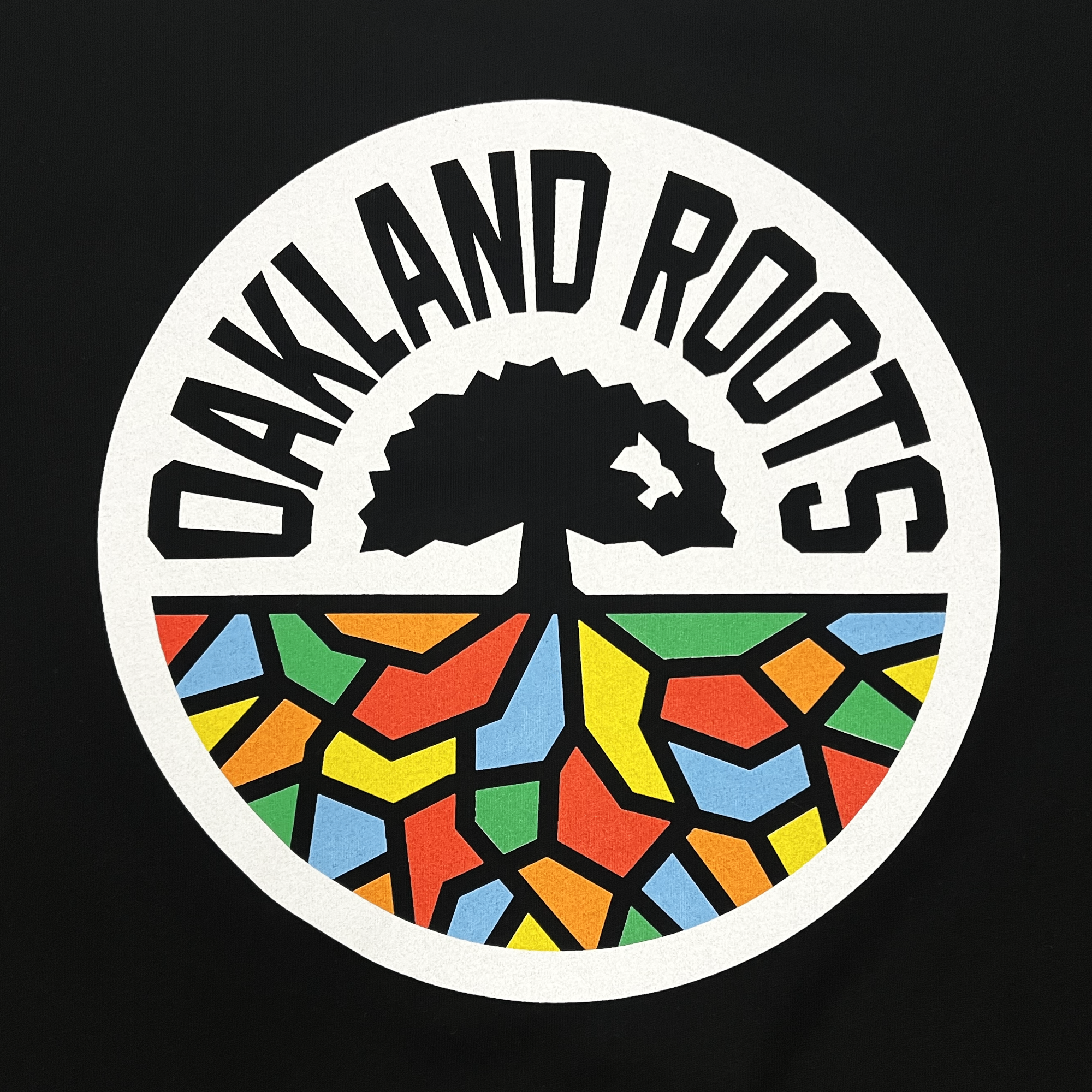 Close-up of the large round multi-color Oakland Roots SC logo on a black long-sleeve shirt.