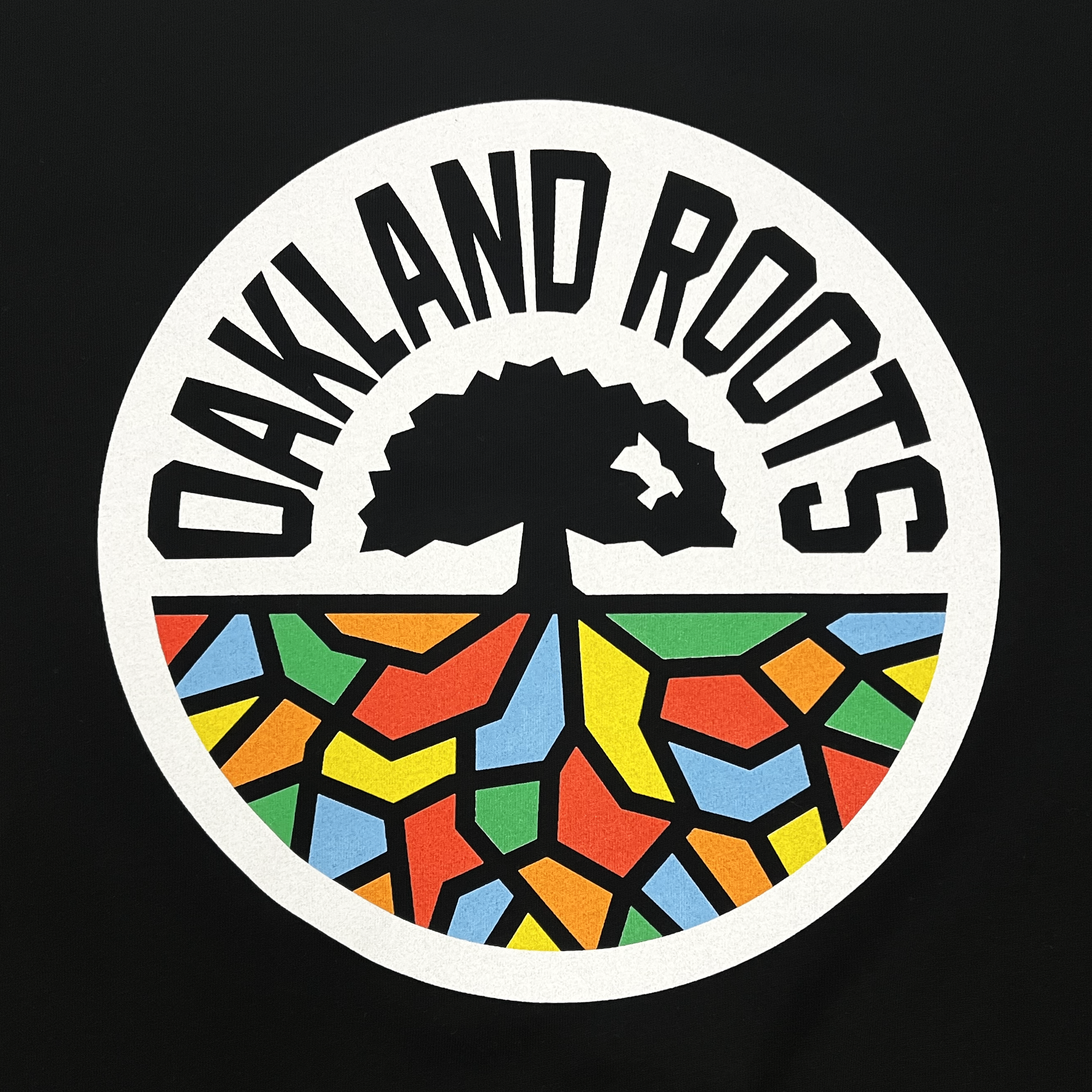 Showcase your support for Oakland Roots SC with the Oakland Roots SC Classic 2.0 LS Tee. This long sleeve t-shirt features a circular logo of a stylized tree, with "OAKLAND ROOTS" boldly inscribed in uppercase letters around the top, and a vibrant geometric pattern of colorful shapes in red, yellow, blue, green, and orange representing the roots against a black background.