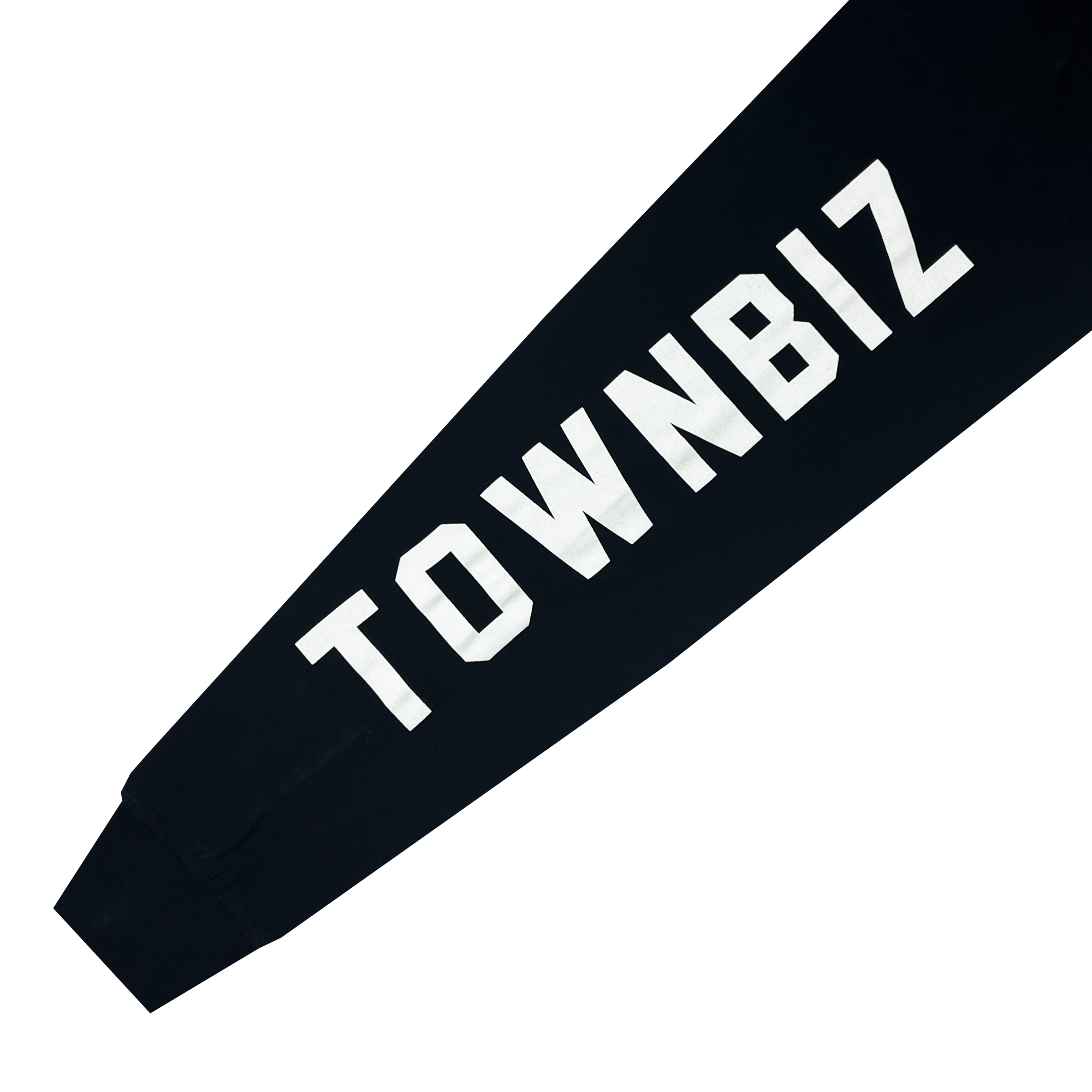 Close-up of a black long-sleeve shirt sleeve with a large white TOWNBIZ wordmark. 
