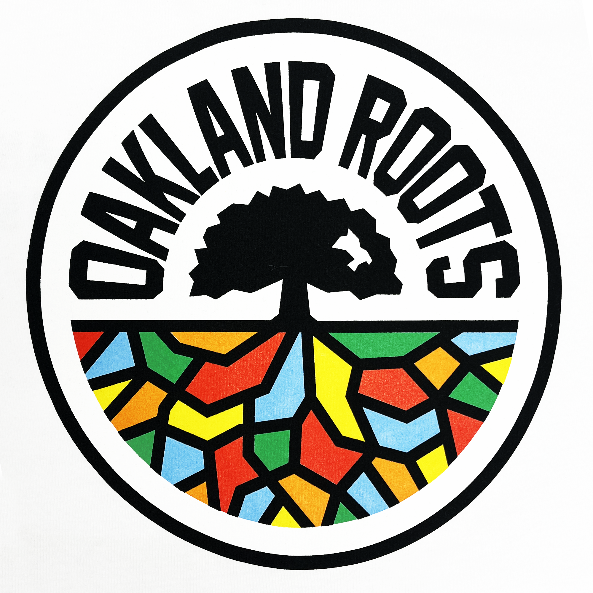 The Oakland Roots SC Classic 2.0 LS Tee from Oakland Roots SC features a logo with a stylized black tree at the center, whose roots create a mosaic pattern with vibrant geometric shapes in red, yellow, blue, and green. The words "Oakland Roots" are prominently displayed in bold, black letters forming a circular arc above the tree—perfect for any sports club long sleeve t-shirt collection.