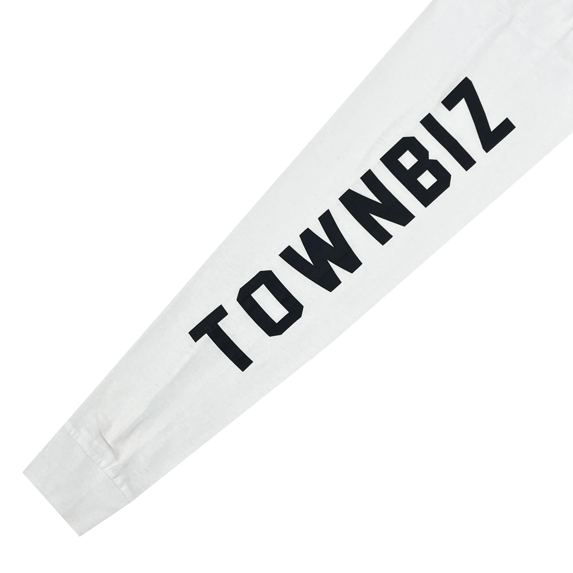 Close-up of a white long-sleeve shirt sleeve with a large black TOWNBIZ wordmark.