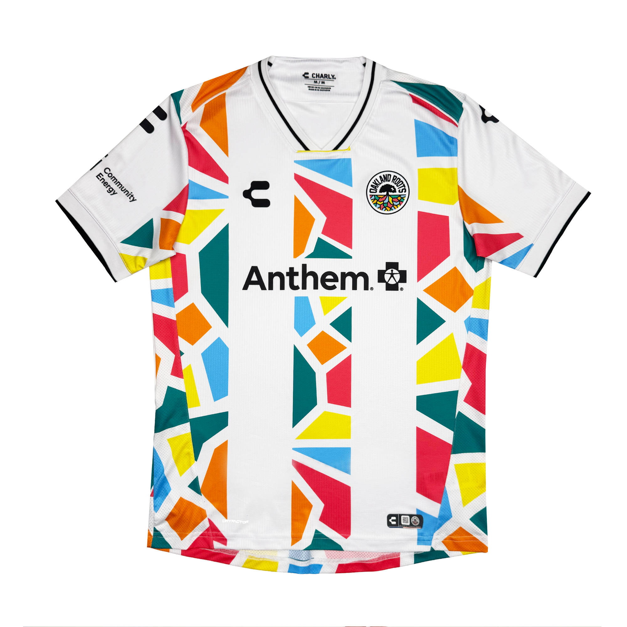The Oakland Roots SC Custom Unisex Mosaic in Motion Kit is a white soccer jersey with a vibrant geometric pattern and black trim. It features the “Anthem.” sponsor logo and circular team badge—a standout 2026 secondary kit.