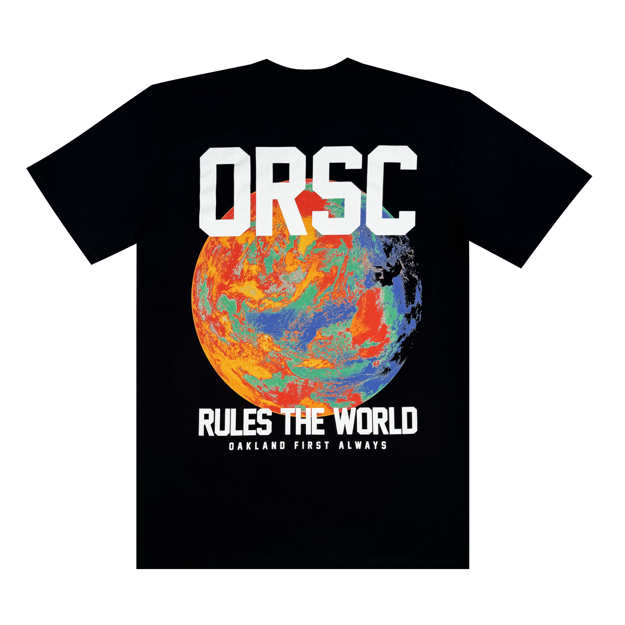 The OFA Worldwide Tee by Oakland Roots SC is a black t-shirt with a vibrant globe design. "ORSC" is in bold white above the globe, with "RULES THE WORLD" and "OAKLAND FIRST ALWAYS" beneath it, perfect for fans of the club committed to social good.