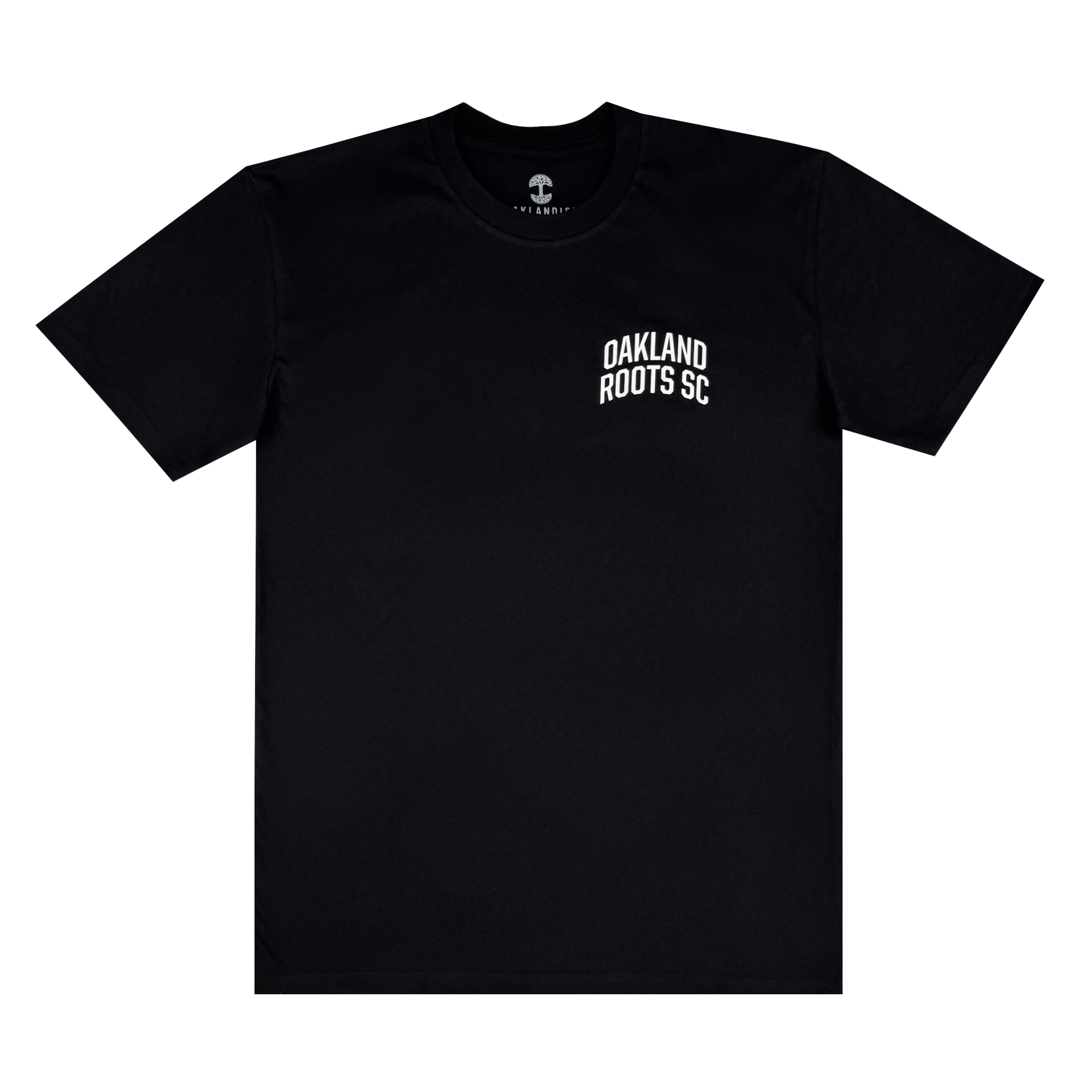 The OFA Worldwide Tee by Oakland Roots SC is a black crew-neck showcasing "Oakland Roots SC" in white text on the upper left chest, symbolizing the club's dedication to unity and social good, set flat against a white backdrop.