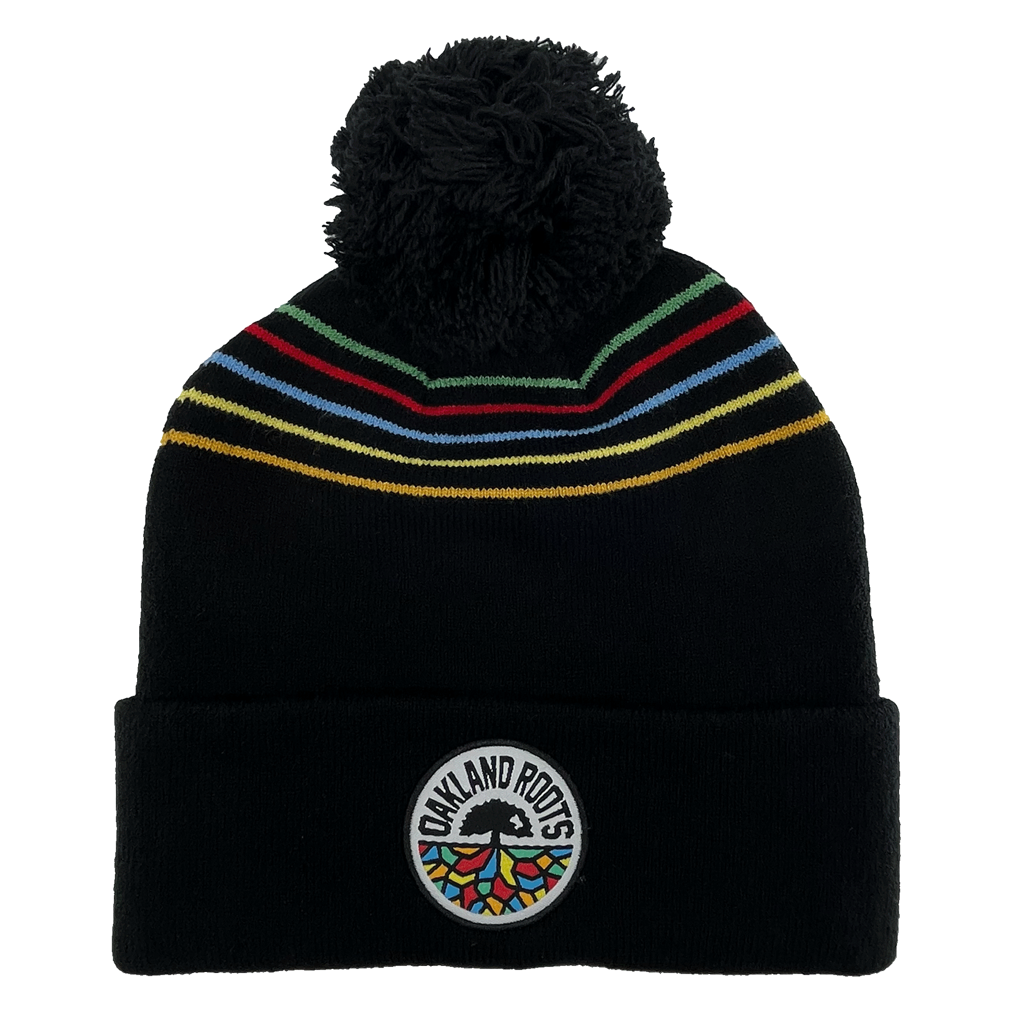 Black woven pom beanie with full-color Oakland Roots circle logo on the rolled cuff and colored stripes on the crown.