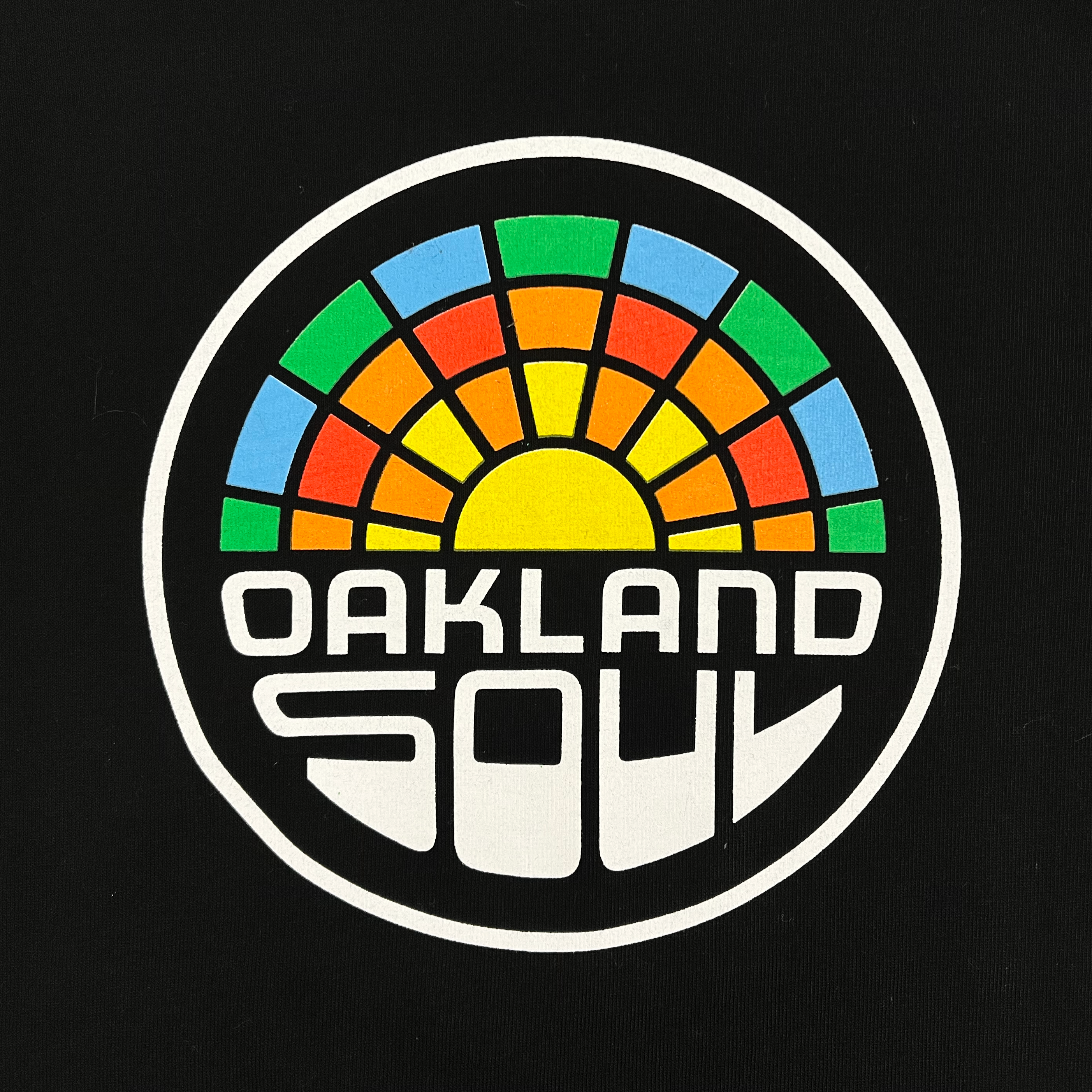 The image showcases the "Oakland Soul" logo, representing women's soccer in the USL W-League, against a black backdrop. The design features a circular pattern with rainbow segments in green, orange, and blue above a yellow semicircle that resembles a sunset. Below this vibrant design, bold white letters spell out "OAKLAND SOUL." This logo is prominently displayed on the Youth Oakland Soul Logo Tee.