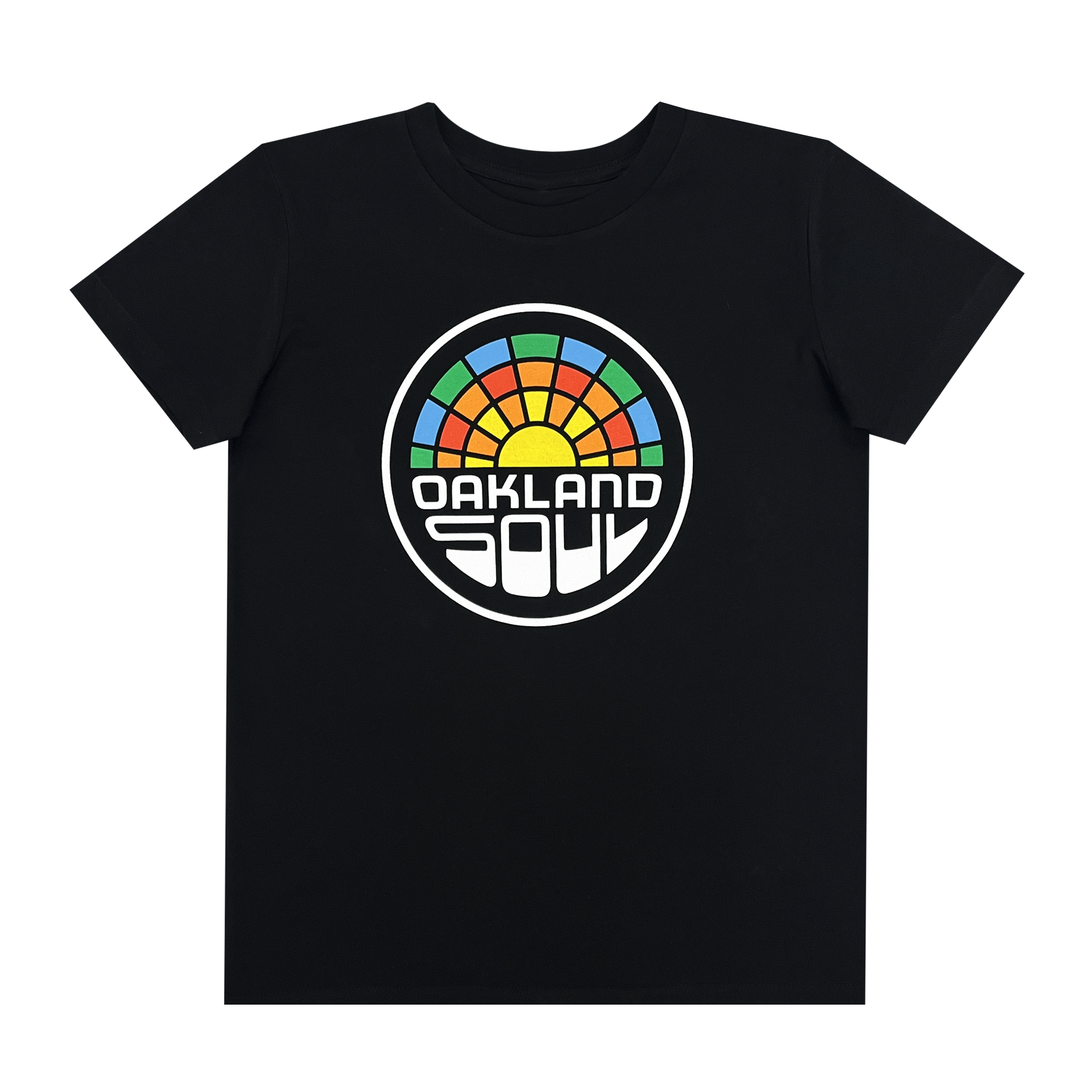 Youth Oakland Soul Logo Tee from Oakland Soul: This black T-shirt showcases a vibrant, semi-circular graphic design at the center with segments in green, orange, yellow, and blue. Below the eye-catching graphic, "OAKLAND SOUL" is prominently displayed in bold, white letters. Show your support for women's soccer and the USL W-League with this striking tee.