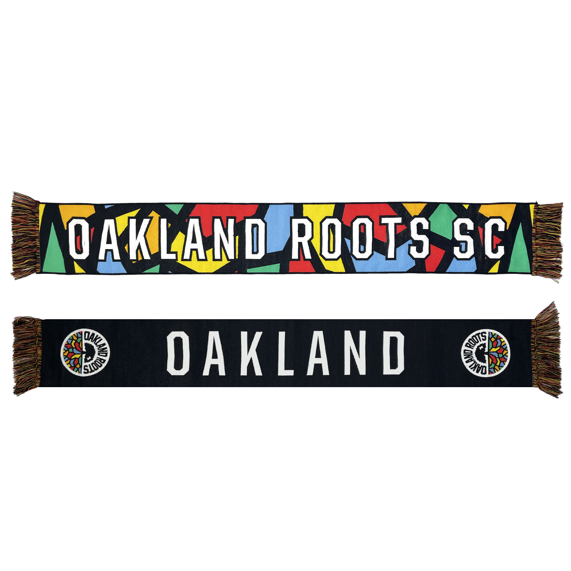 Two Oakland Roots SC OG HD Woven Scarves are shown. The top scarf features a colorful geometric pattern with "OAKLAND ROOTS SC" written in white letters. The bottom scarf is black with "OAKLAND" in large white letters and a colorful team logo at each end, with multicolored fringe on both scarves. Embrace the spirit of social good with every wear from this iconic sports club collection by Oakland Roots SC.
