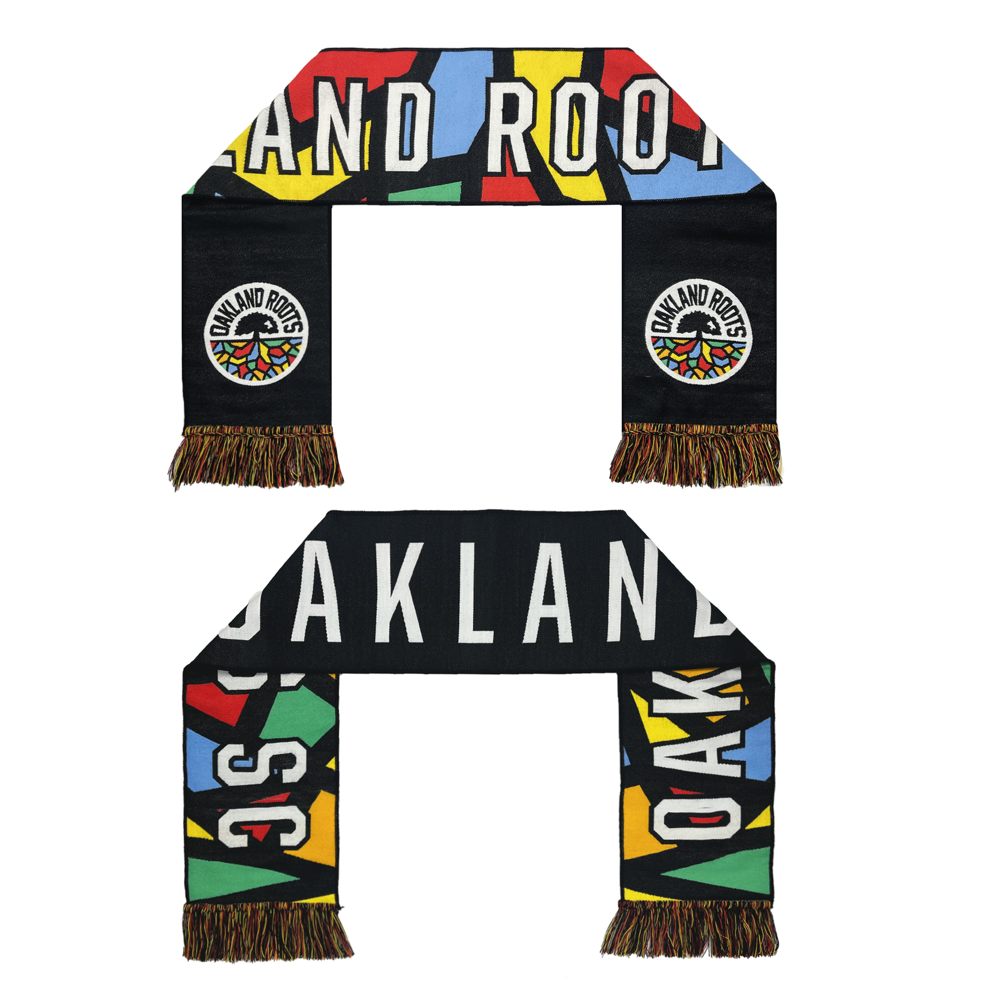 Here's a revised version of the sentence using the given product data:
Two views of the Oakland Roots SC OG HD Woven Scarf by Oakland Roots SC. One side displays "OAKLAND ROOTS" in white letters with a circular logo showing a tree and the text "OAKLAND ROOTS" below it. The reverse features "OAKLAND" in large white letters with vibrant patterns, celebrating our sports club's commitment to social good.