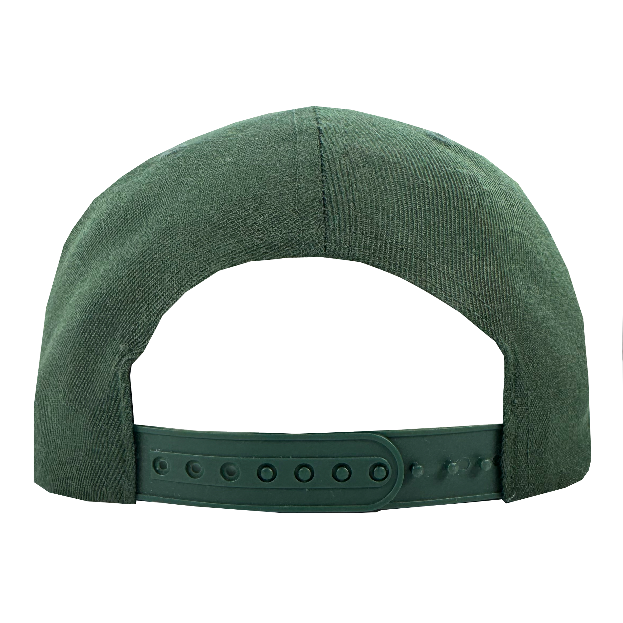 The Oakland Roots SC Arch Text Snapback is shown from the back, displaying its adjustable closure with multiple sizing holes. The solid green fabric and crown stitching offer a classic look for any fan. Plain white background.