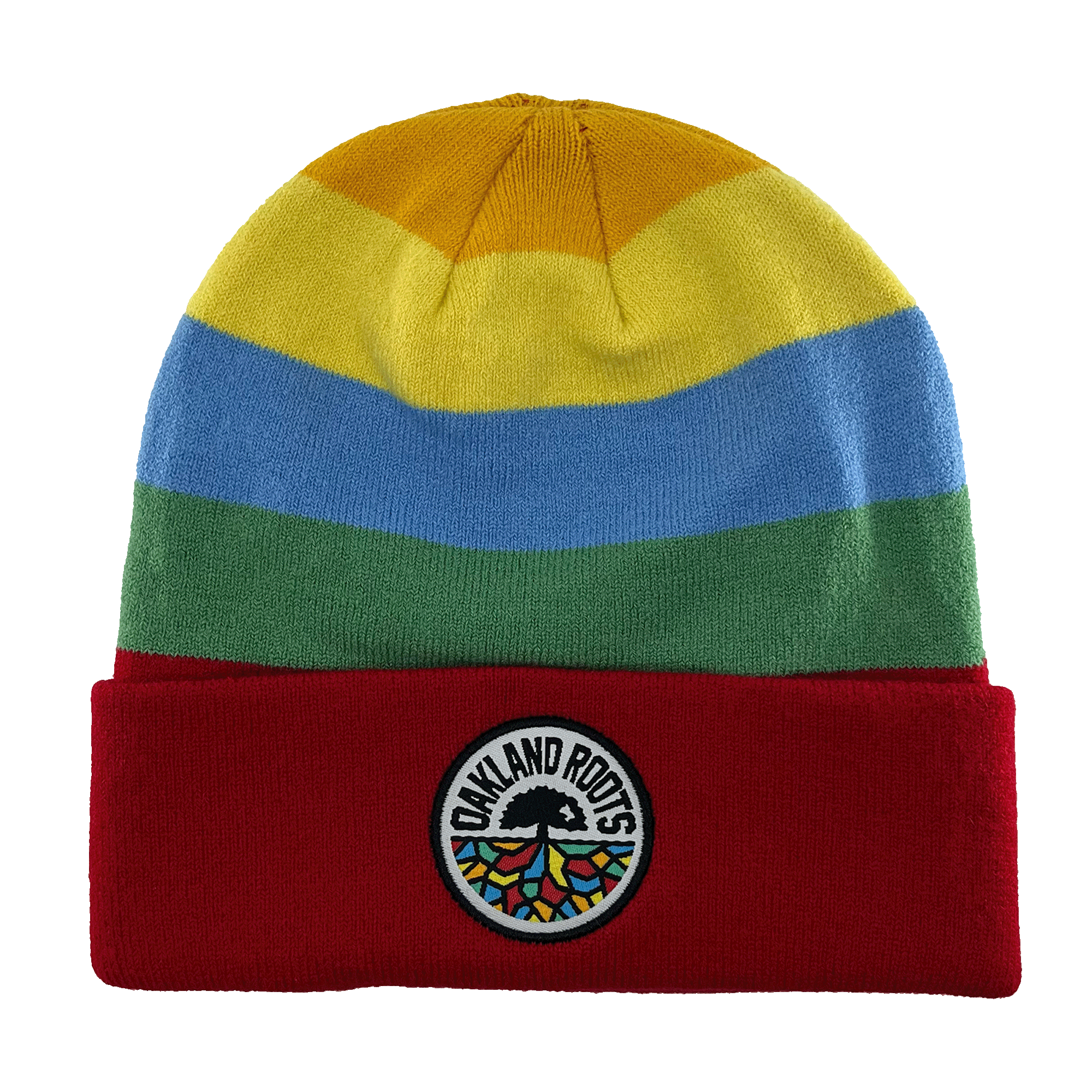 The Oakland Roots SC Mosaic Stripe Beanie features horizontal stripes in yellow, blue, and green, along with a red fold-over cuff. The cuff proudly displays a circular patch with the text "OAKLAND ROOTS," a black tree logo, and rainbow-colored roots to show your support for the Oakland Roots Sports Club.