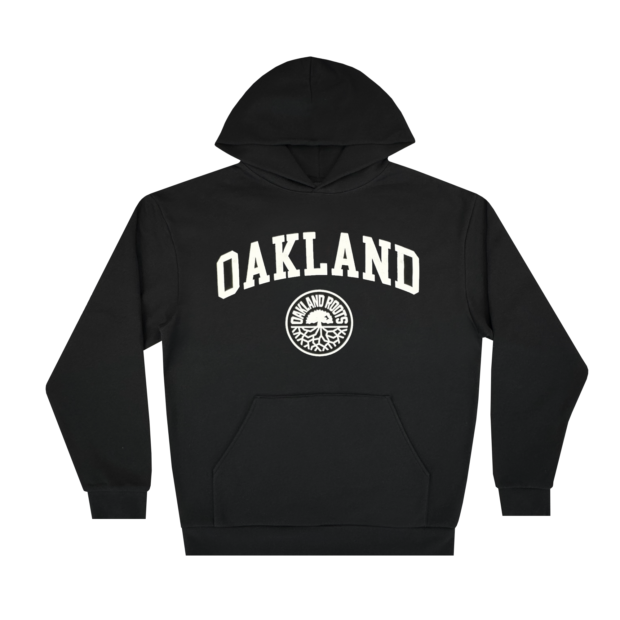 The Oakland Roots SC University Hoodie is a men’s black pullover featuring bold “OAKLAND” in white, a circular “OAKLAND ROOTS” logo, front pocket, and ribbed cuffs. Brand: Oakland Roots SC.