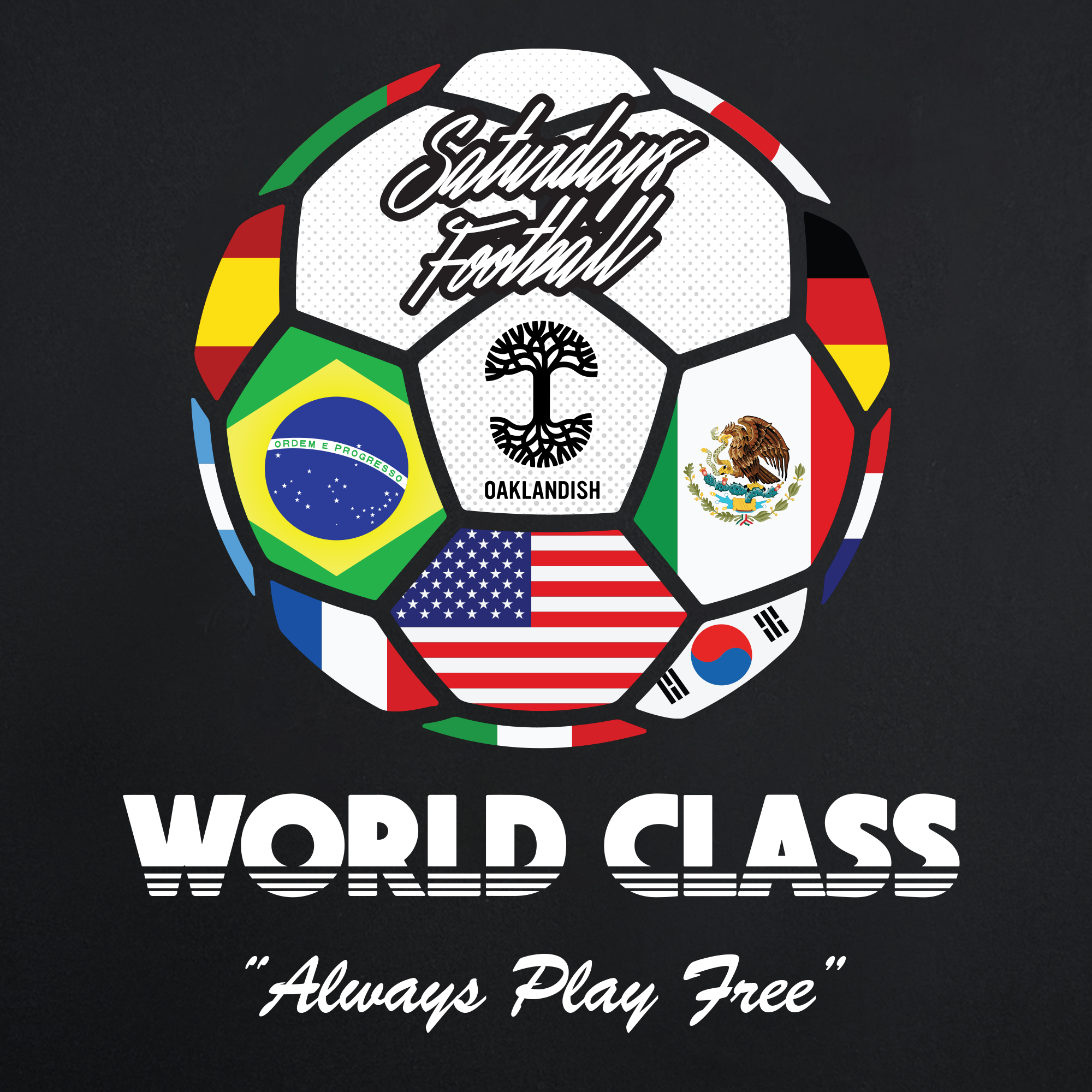 The Oaklandish Saturdays Football World Class Tee features a soccer ball with international flags, “Saturdays Football,” and the Oaklandish logo on a classic fit men’s t-shirt made from 100% cotton.