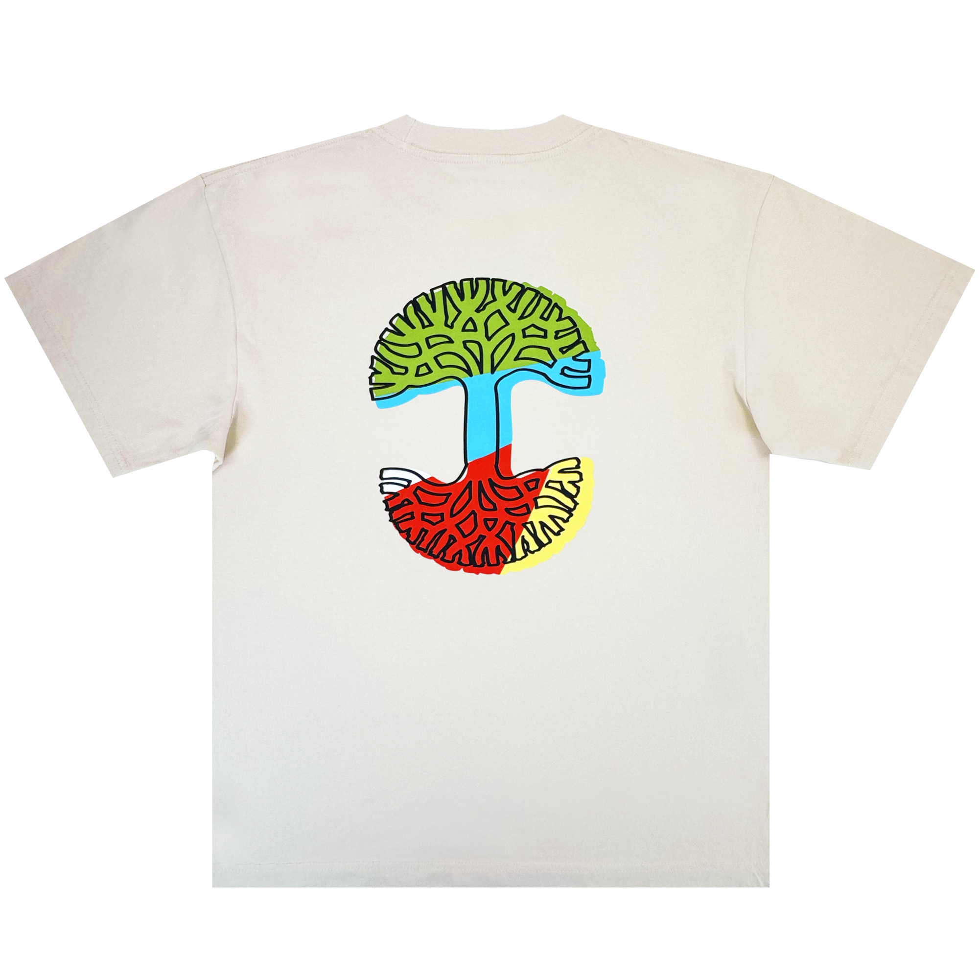 The Oaklandish Scrawl Tee is a beige men's classic fit t-shirt made from heavy-weight cotton, featuring a large, colorful stylized tree graphic inside a circle on the back for an eye-catching look.