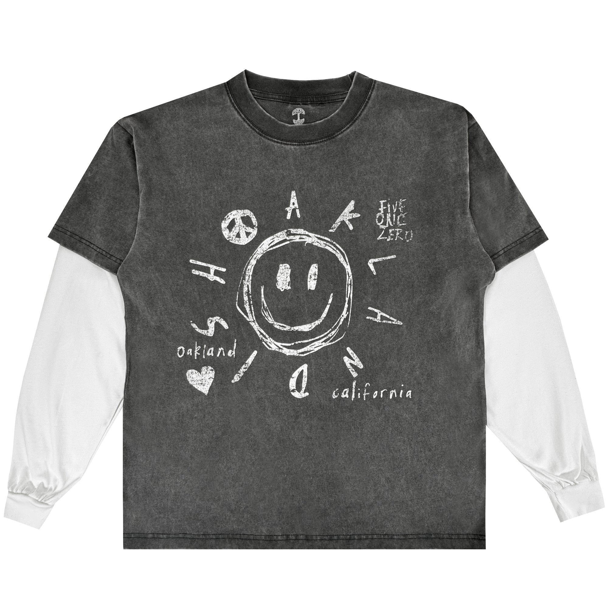 The Oaklandish Scribble LS Tee is a vintage black, 100% cotton long-sleeve shirt with white sleeves, featuring a large sketched smiley face and playful white doodles: “Oakland,” “California,” “Five One Zero,” peace sign, heart, arrows, letters.