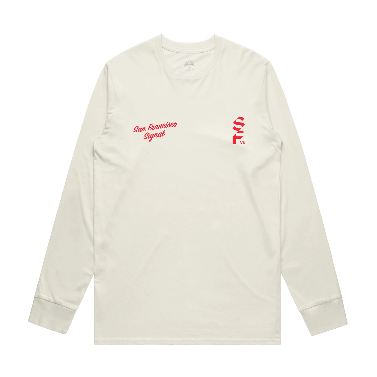The cream-colored Serve LS Tee long-sleeve t-shirt is shown flat against a light gray background with red “San Francisco Signal” text on the left chest and a stylized red graphic logo on the right.