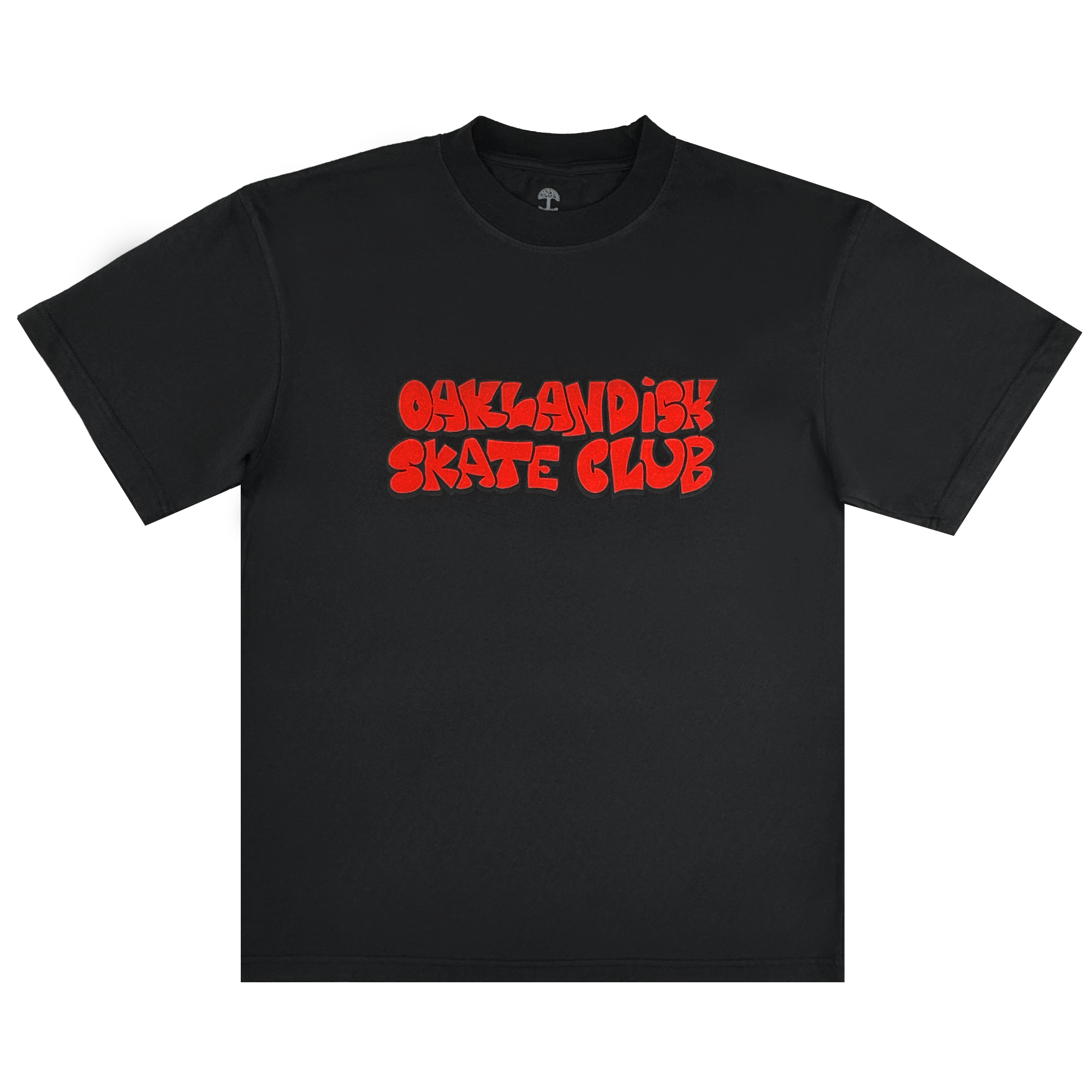 The Oaklandish Skate Club Tee by Oaklandish is a classic-fit black short-sleeve with bold red "OAKLANDISH SKATE CLUB" graffiti-style text, inspired by skate culture, shown laid flat on a white background.