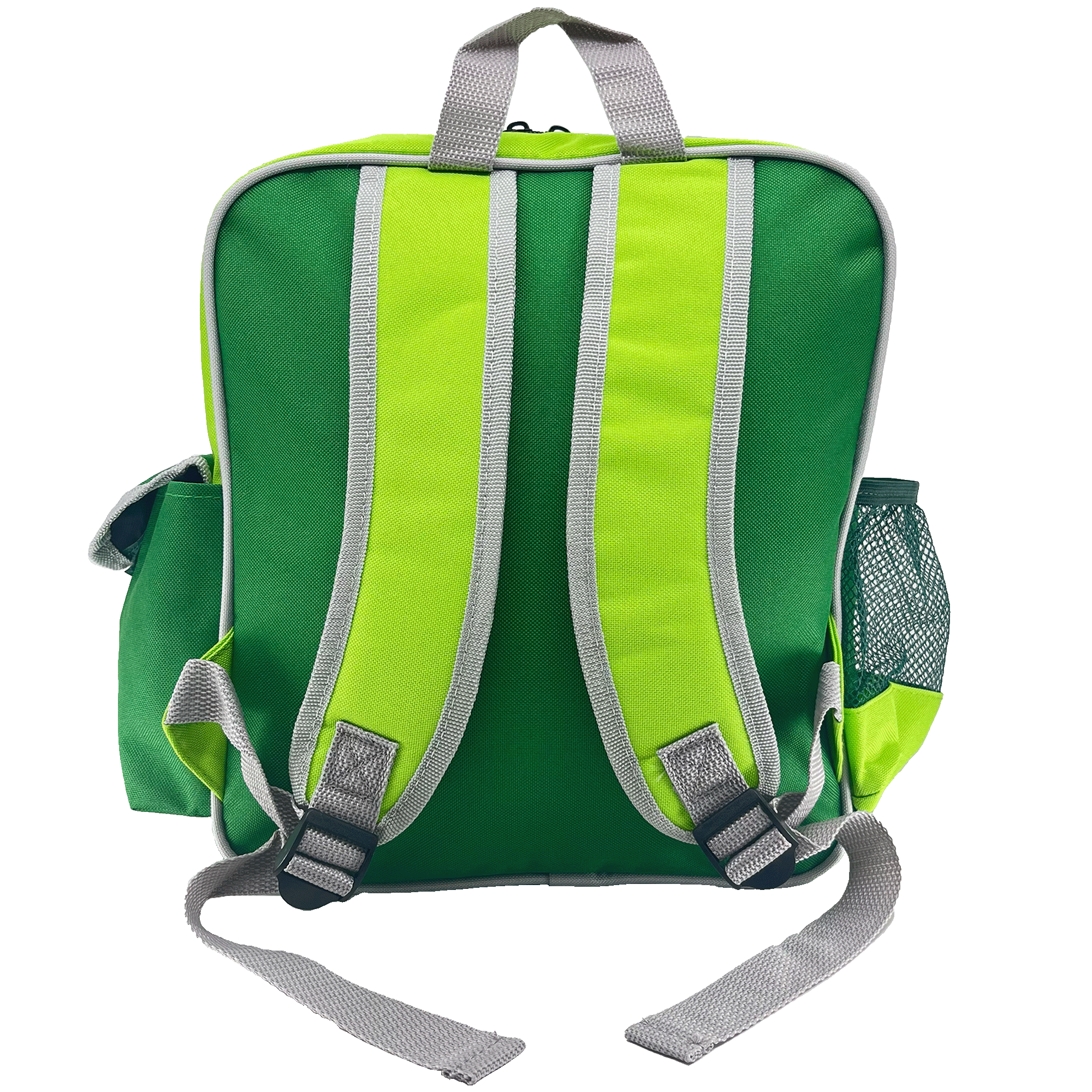 The backside of a primary school backpack in green, and grey with two side pouches.