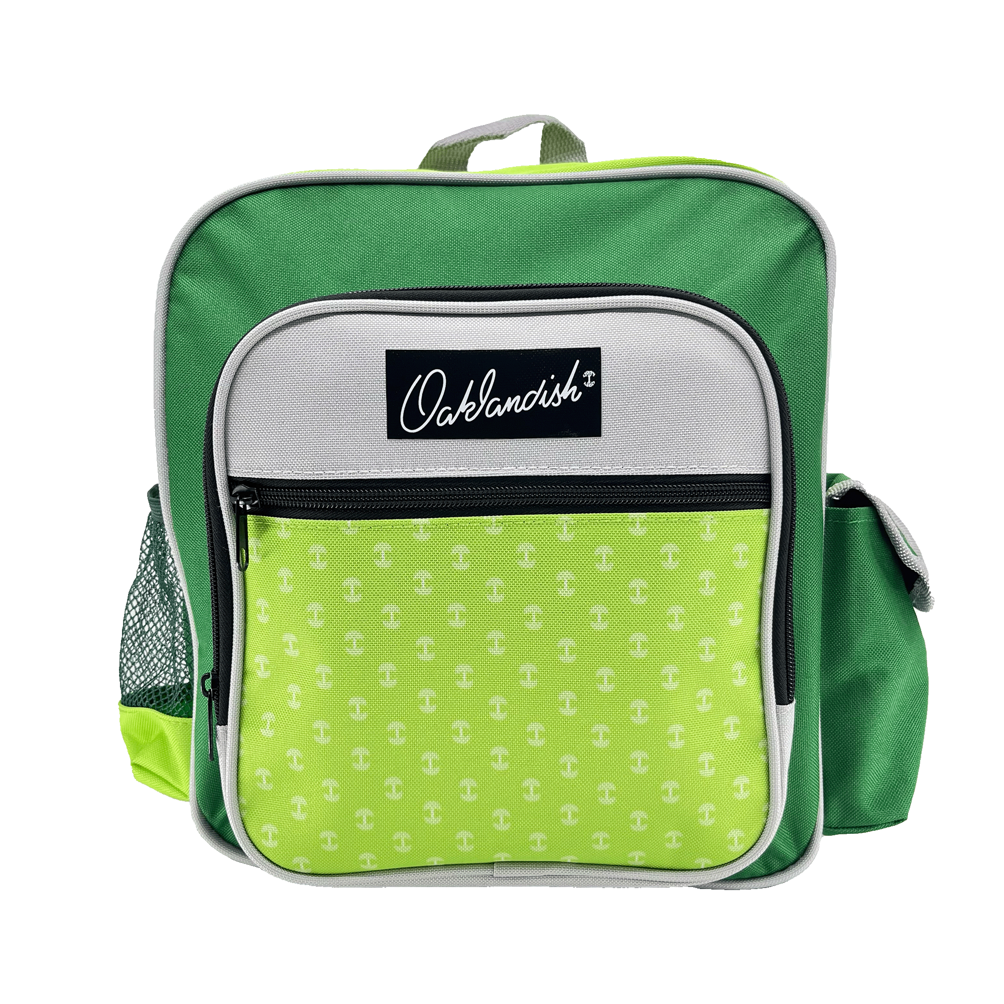 Primary school backpack in lime green, forest green, and grey with black cursive Oaklandish logo patch.