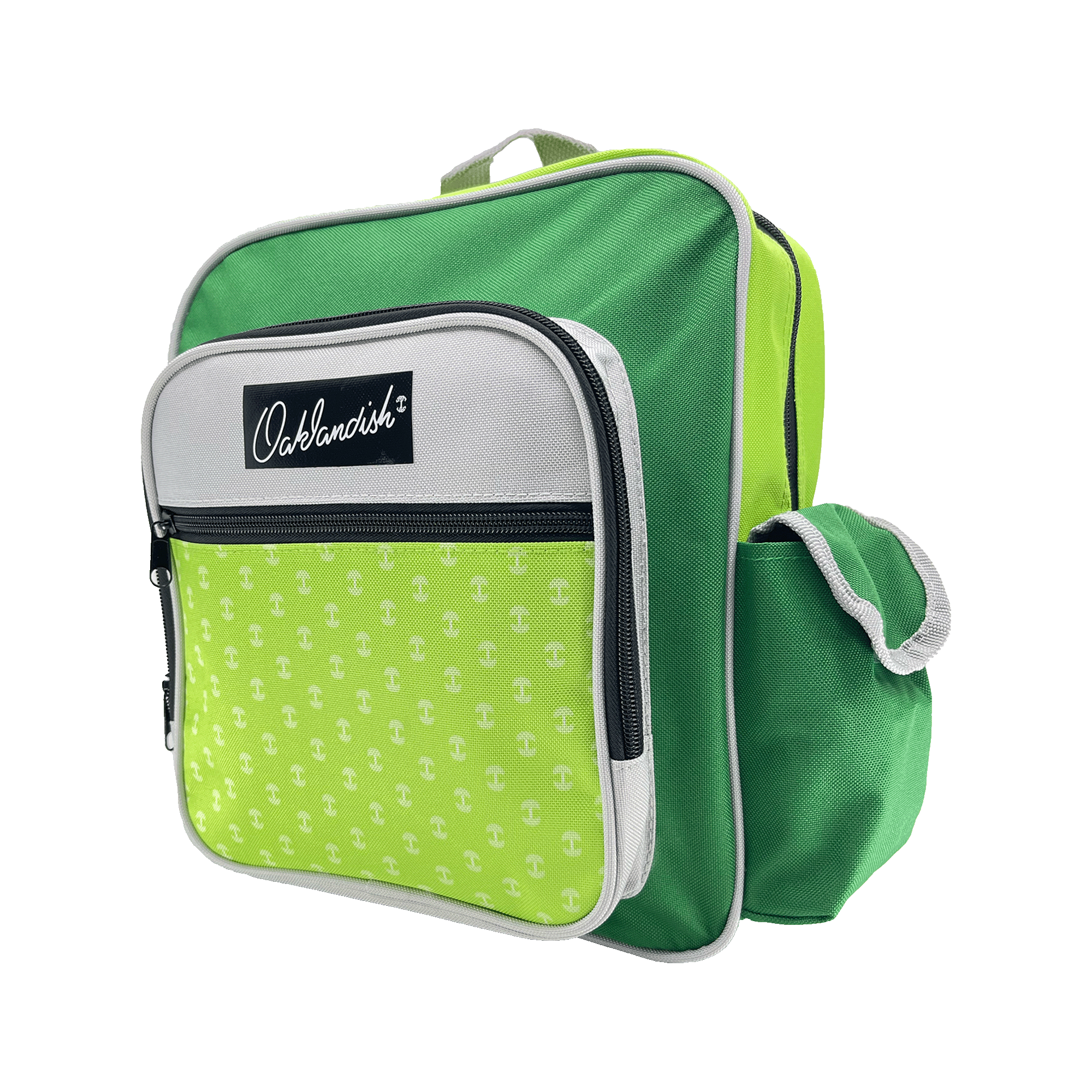 Side view of primary school backpack in green, and grey with black Oaklandish logo patch with zippered front pouch & side pocket.