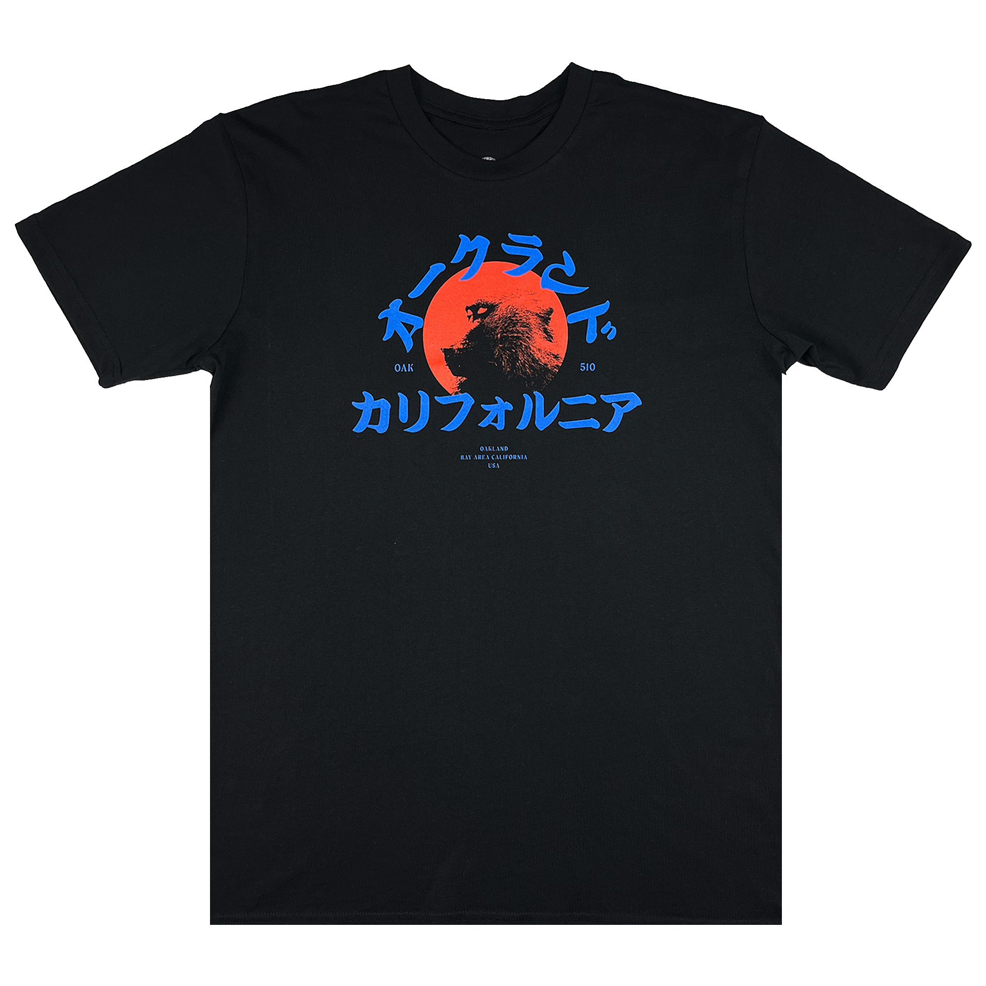  Black t-shirt with red snow monkey graphic and blue Asian written characters.