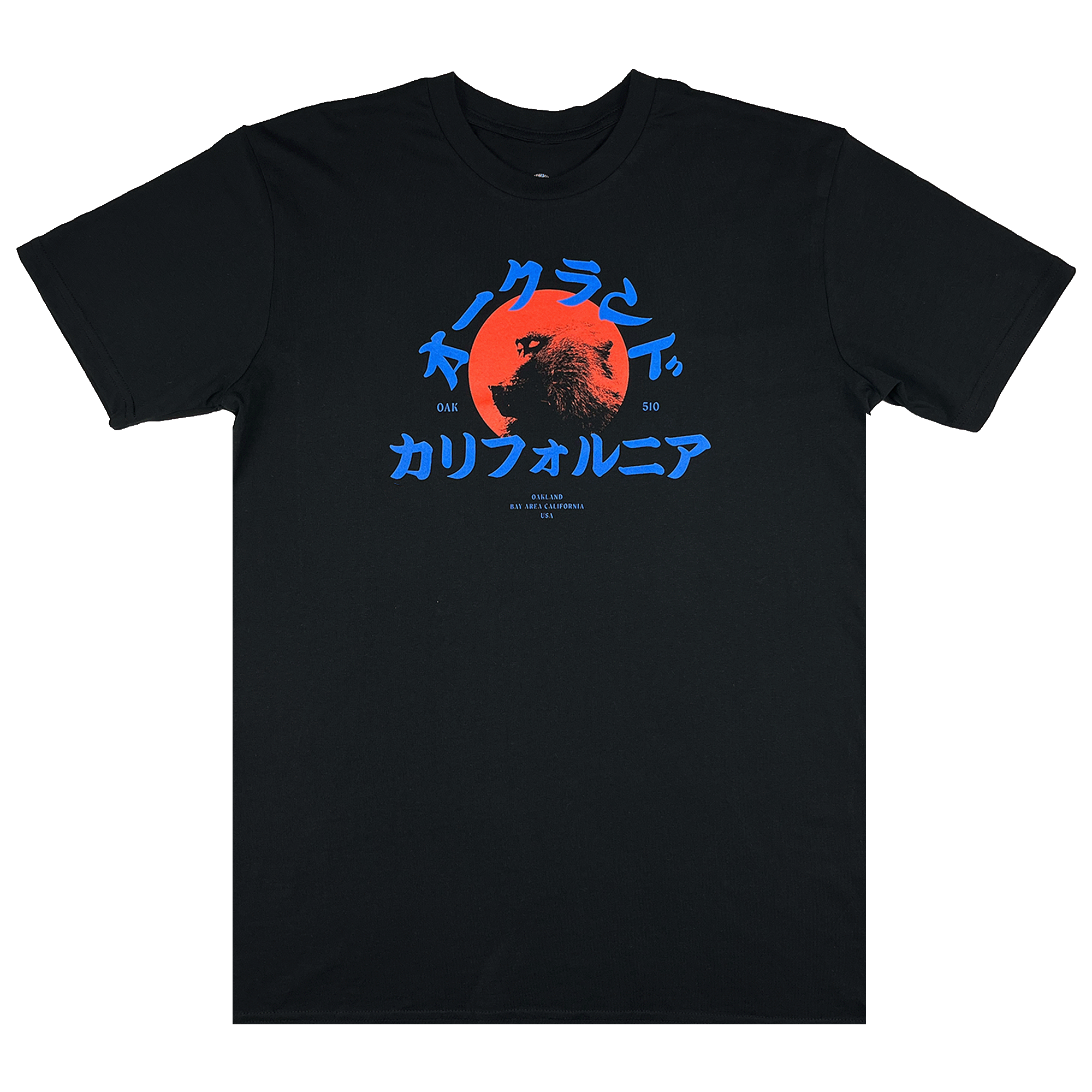 Black t-shirt with red snow monkey graphic and blue Asian written characters.