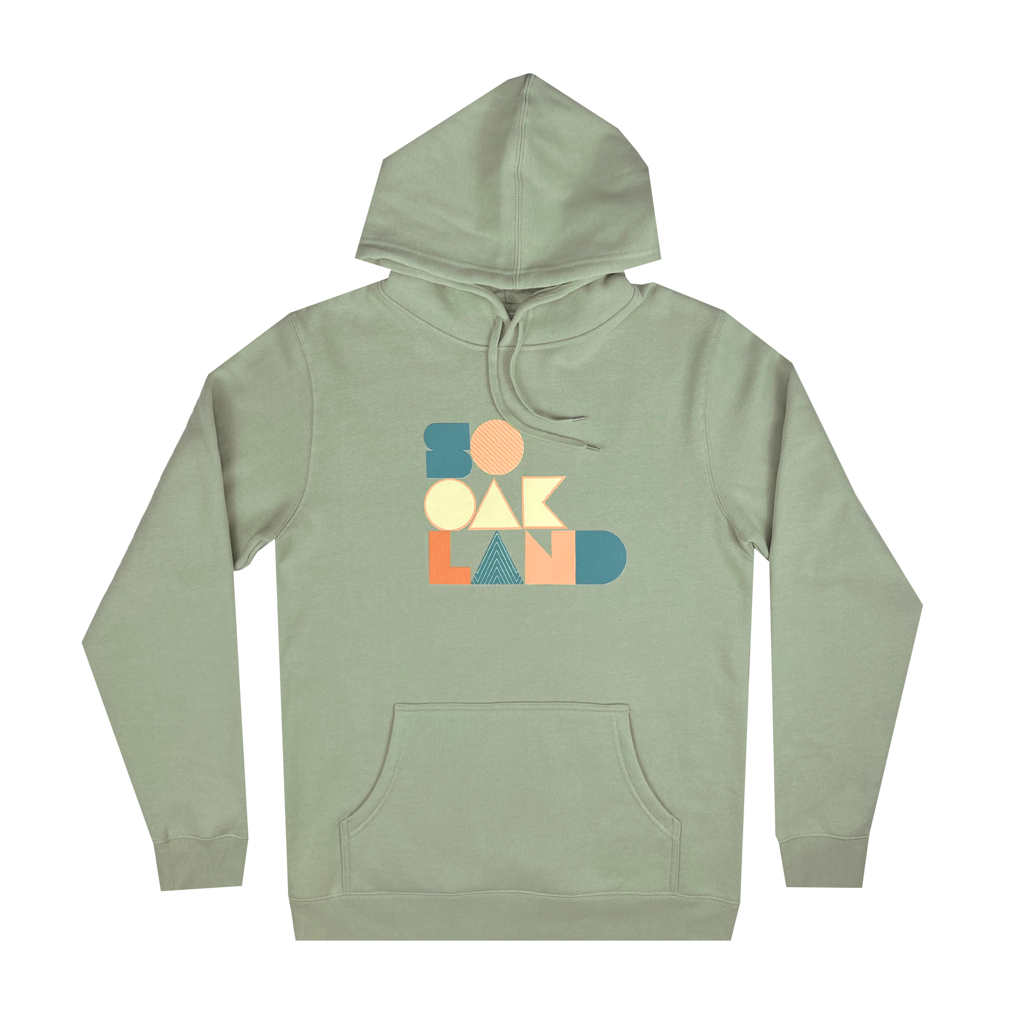 Pistachio pullover hoodie with large multi-color SOOAKLAND graphic wordmark on the back.