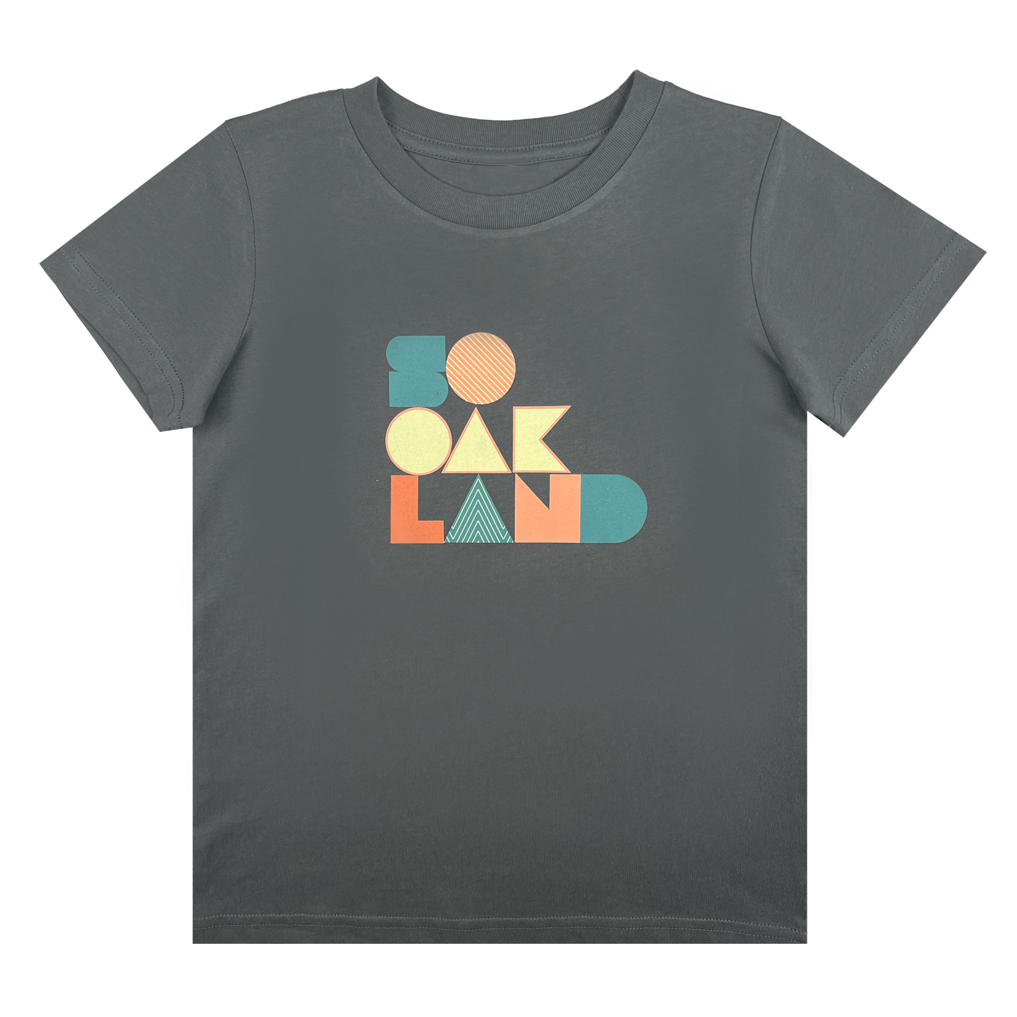 Front view of charcoal toddler t-shirt with full-color SOOAKLAND graphic wordmark on front chest.