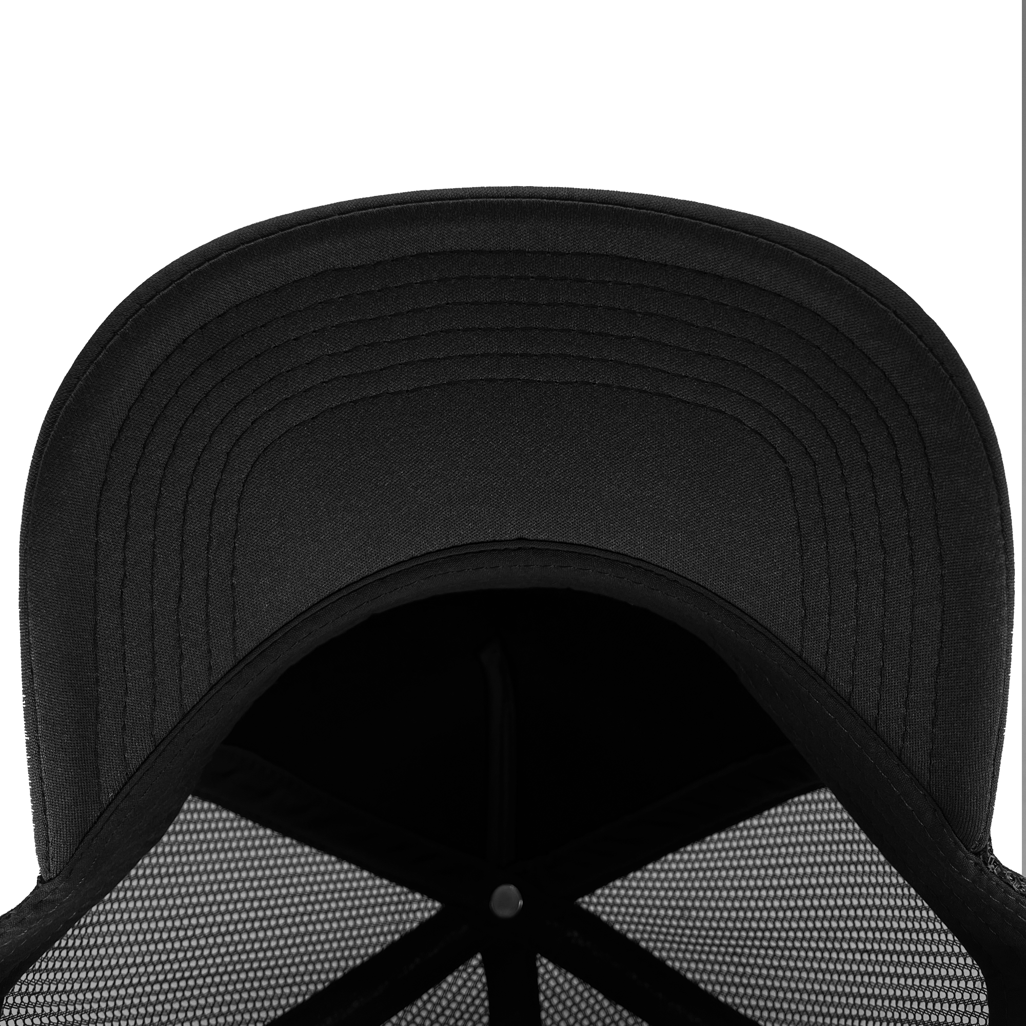 Underside view of black mesh crown and black visor on a trucker cap.