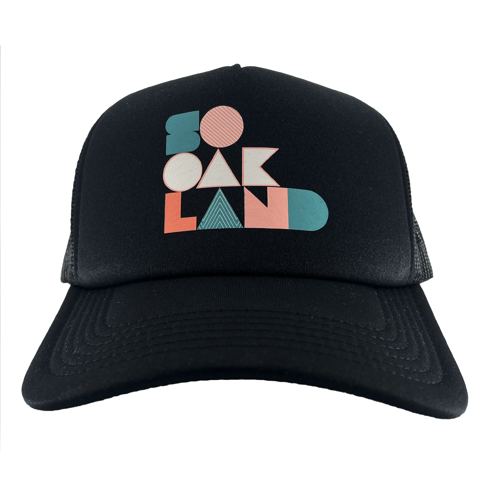 Front view of a black trucker cap with full-color SoOakland wordmark in the crown.